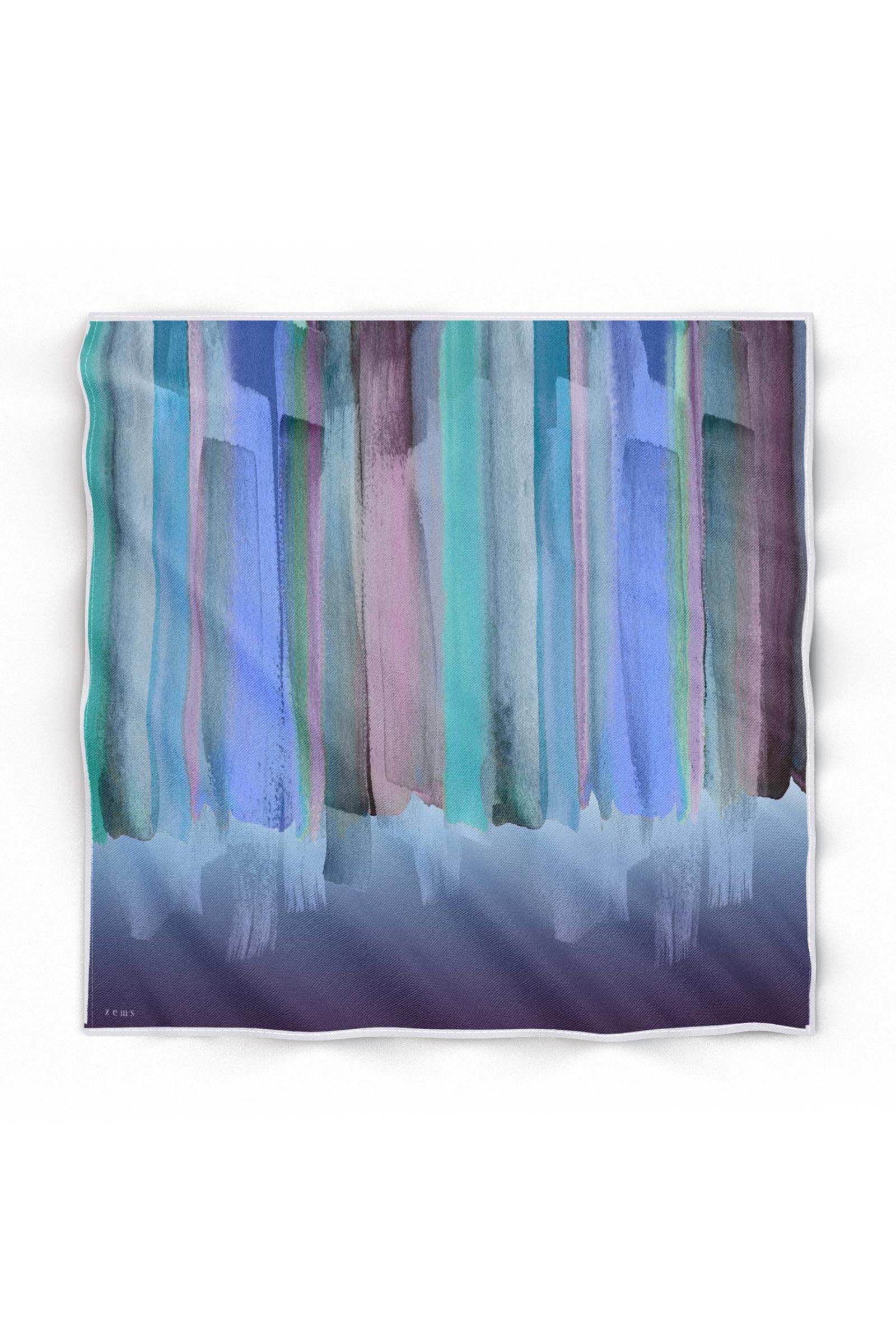 Zems Sulu Boya Desen Twill İpek Eşarp - MAVİ