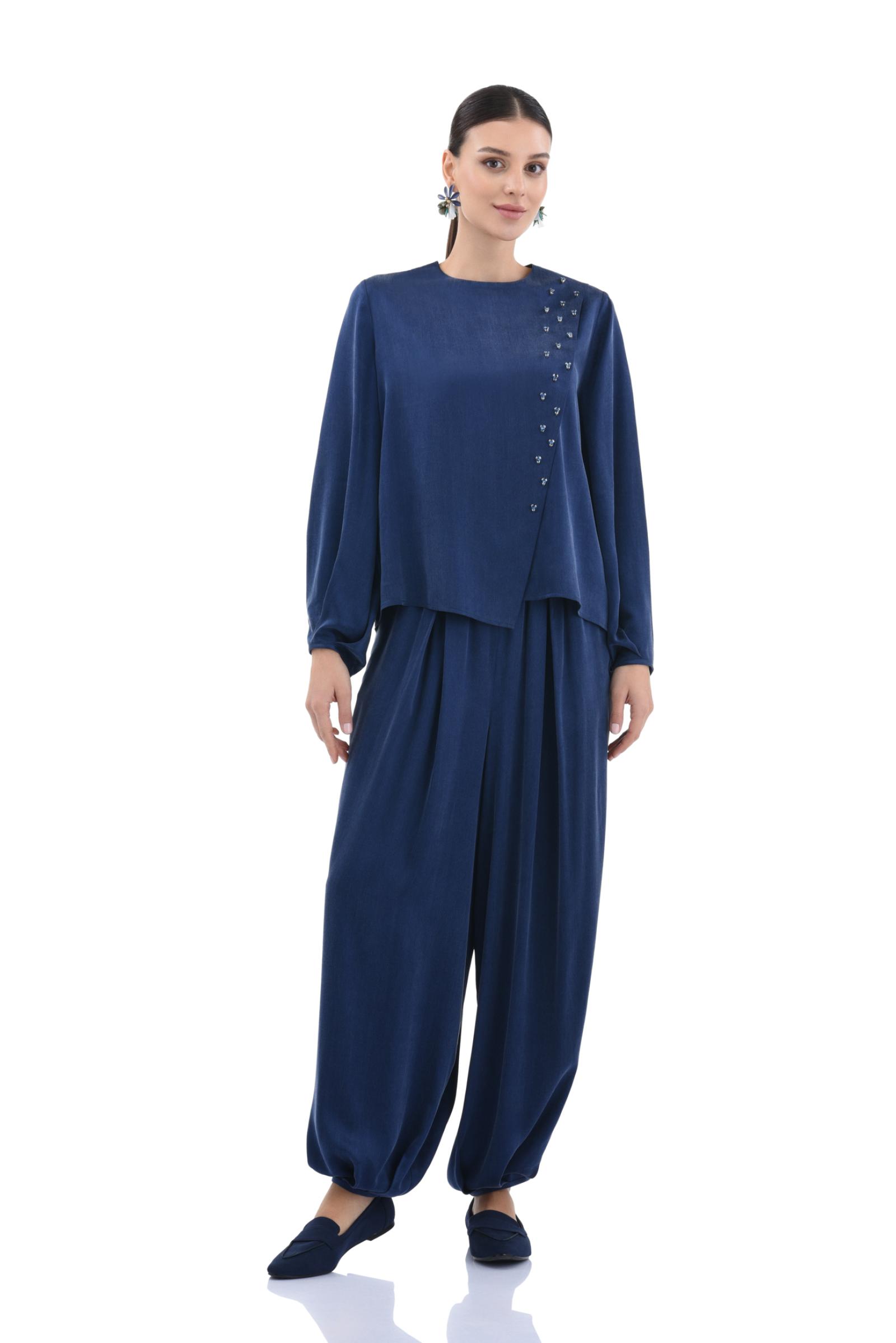 Taş Detaylı Cupro Şalvarlı Takım - LACİVERT