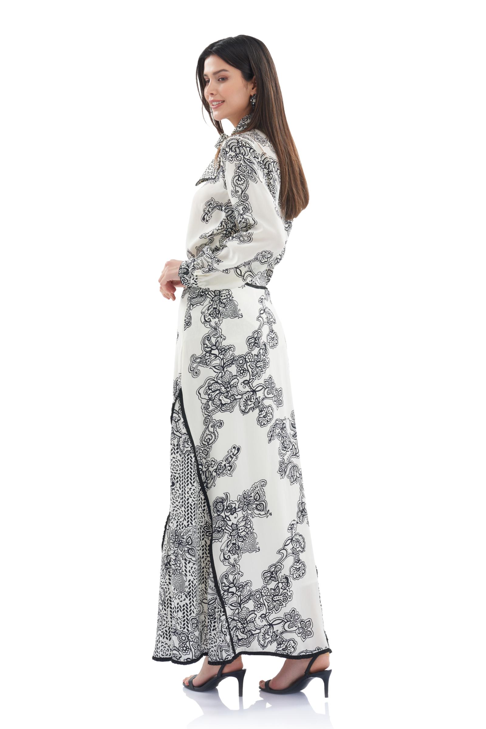 Desenli Cupro Biye Detaylı Uzun  Etek