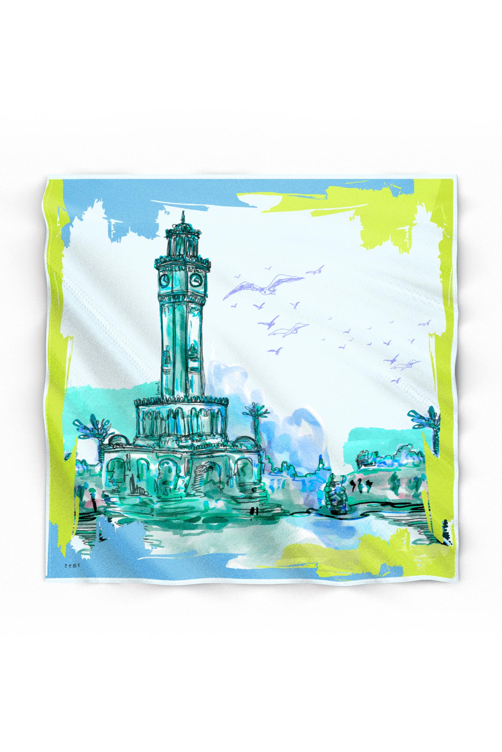 Zems İzmir Desen Twill İpek Eşarp - TURKUAZ