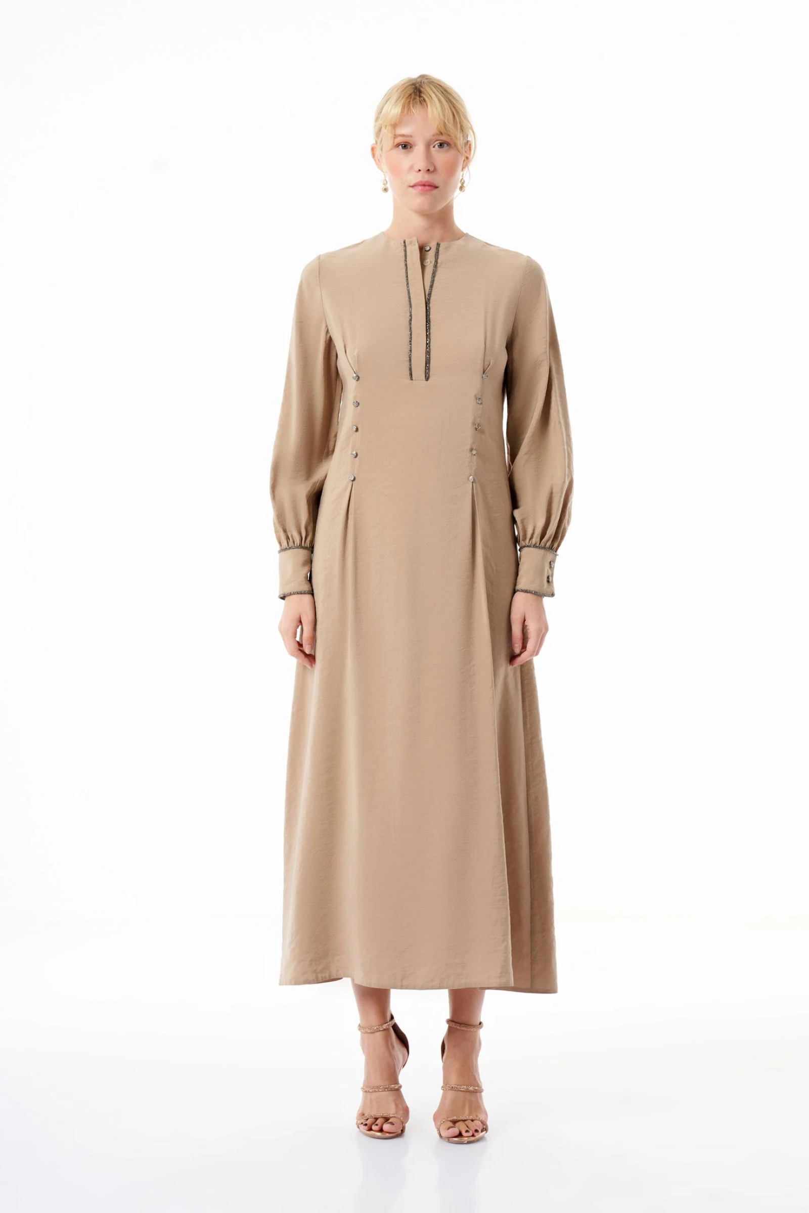 Vizon Rengi Taşlı Kadın Uzun Elbise