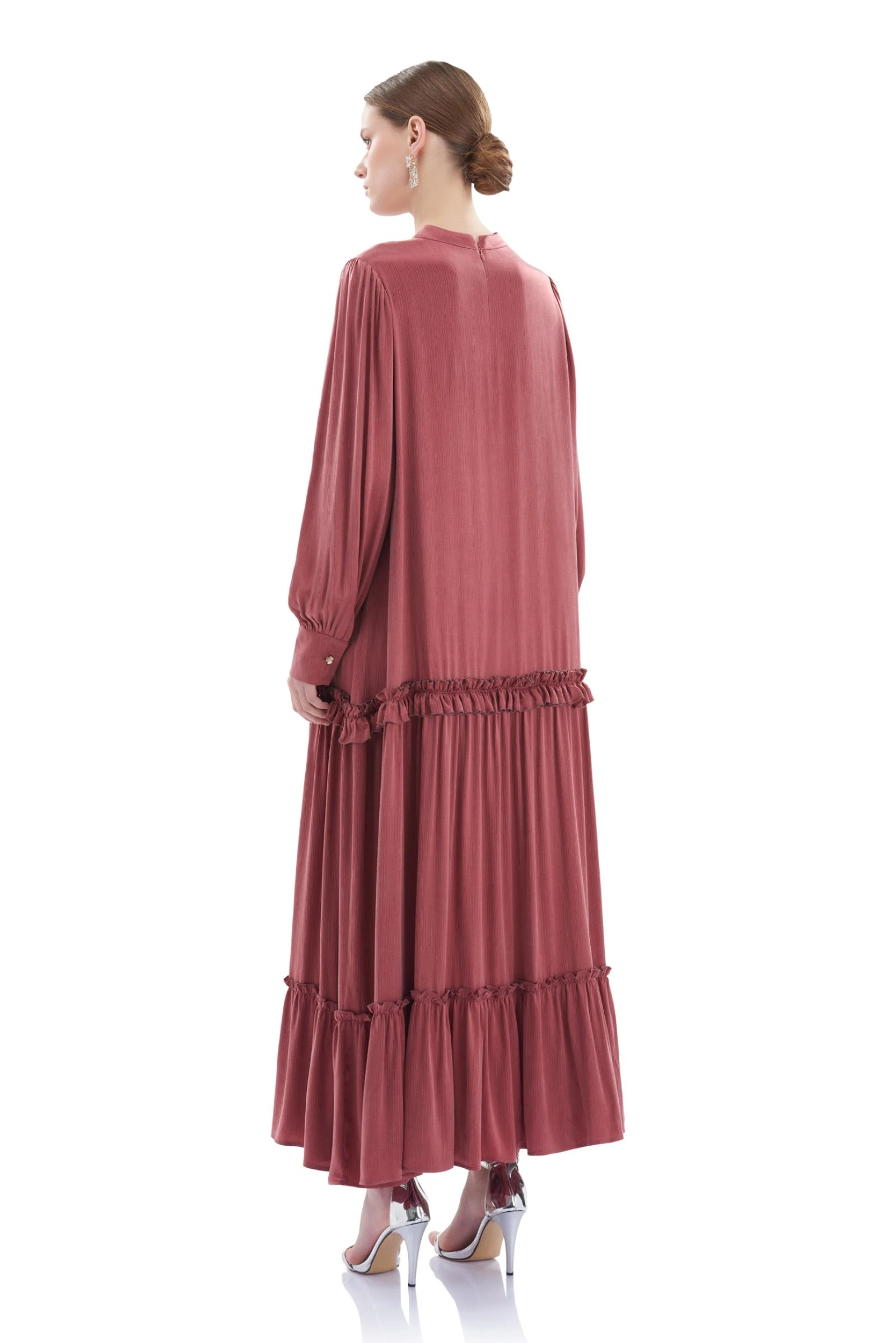 Fırfırlı Cupro Uzun Elbise