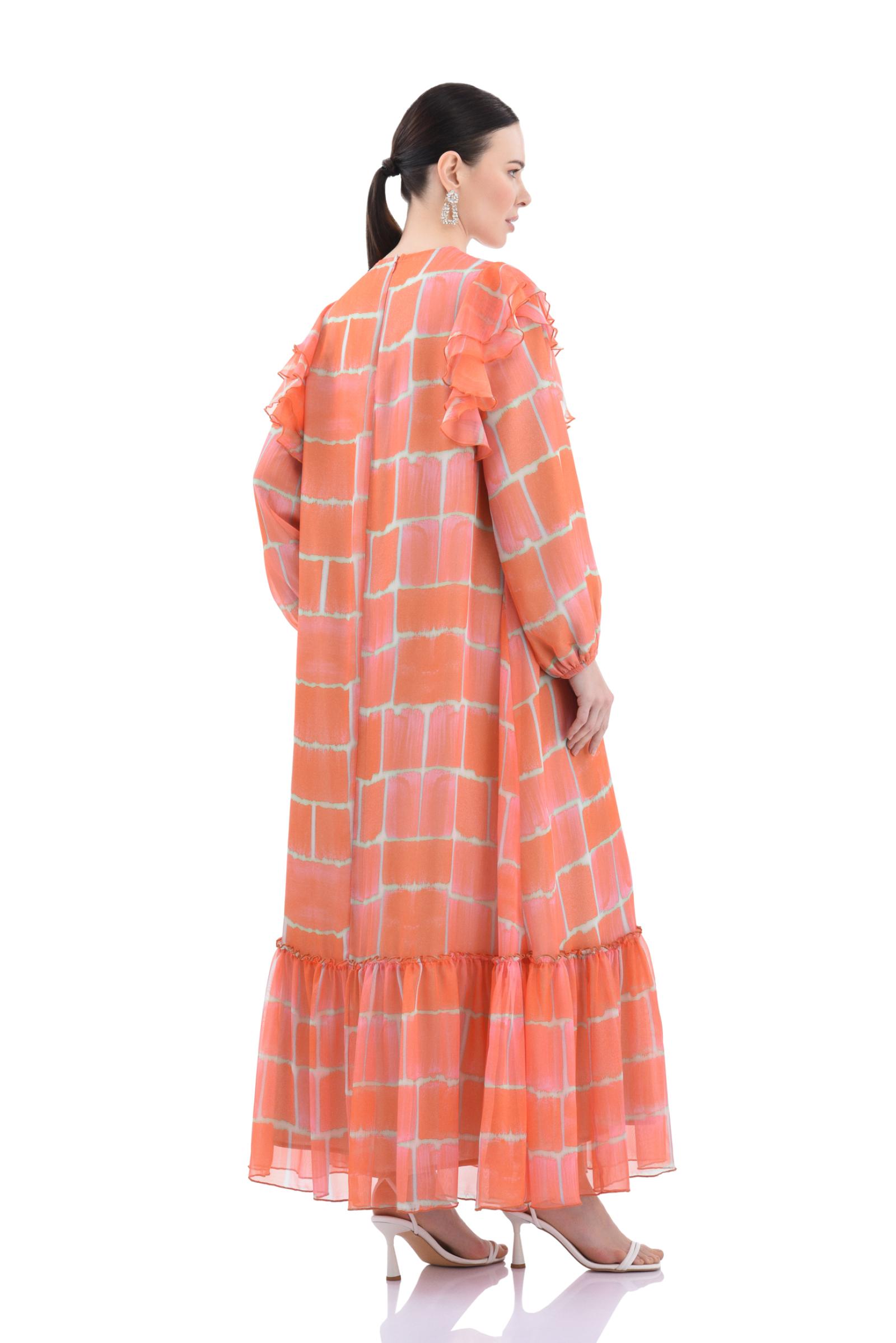 Desenli Turuncu Şifon Elbise