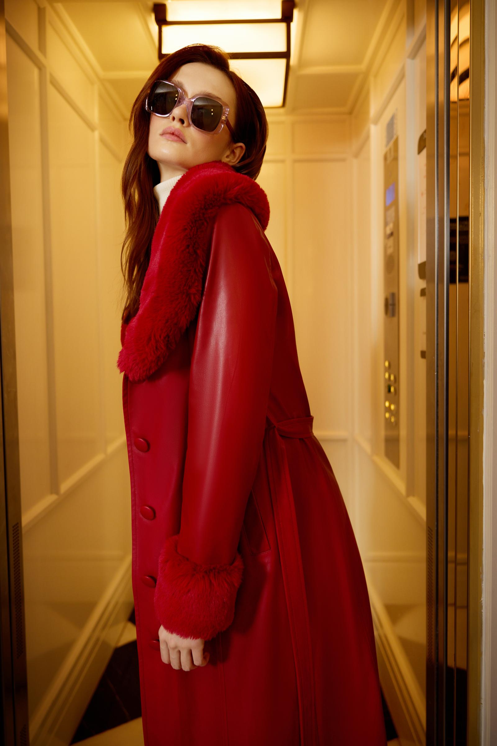 Kürklü Deri Kadın Kaban - BORDO