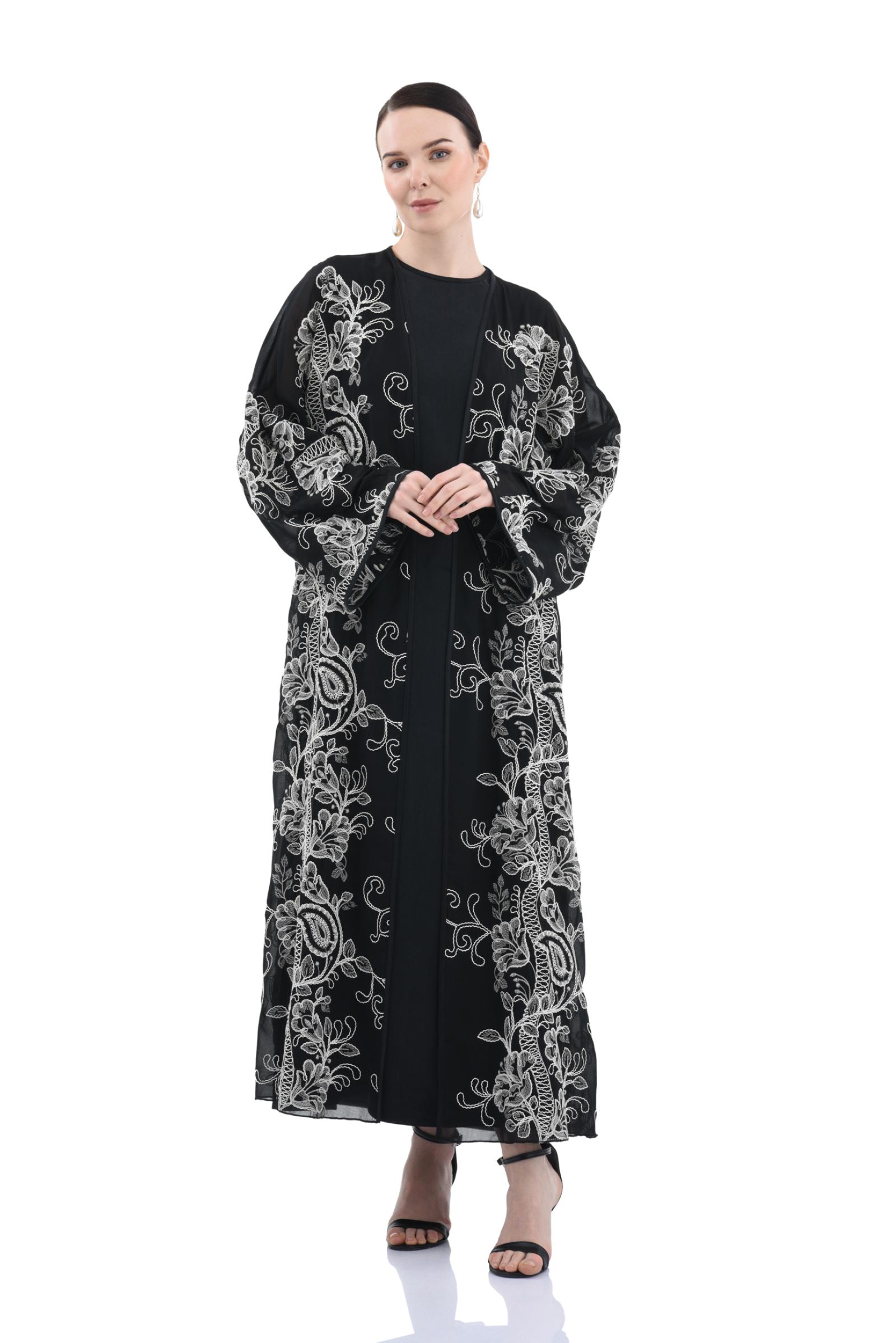 Nakışlı Şifon Siyah Abaya