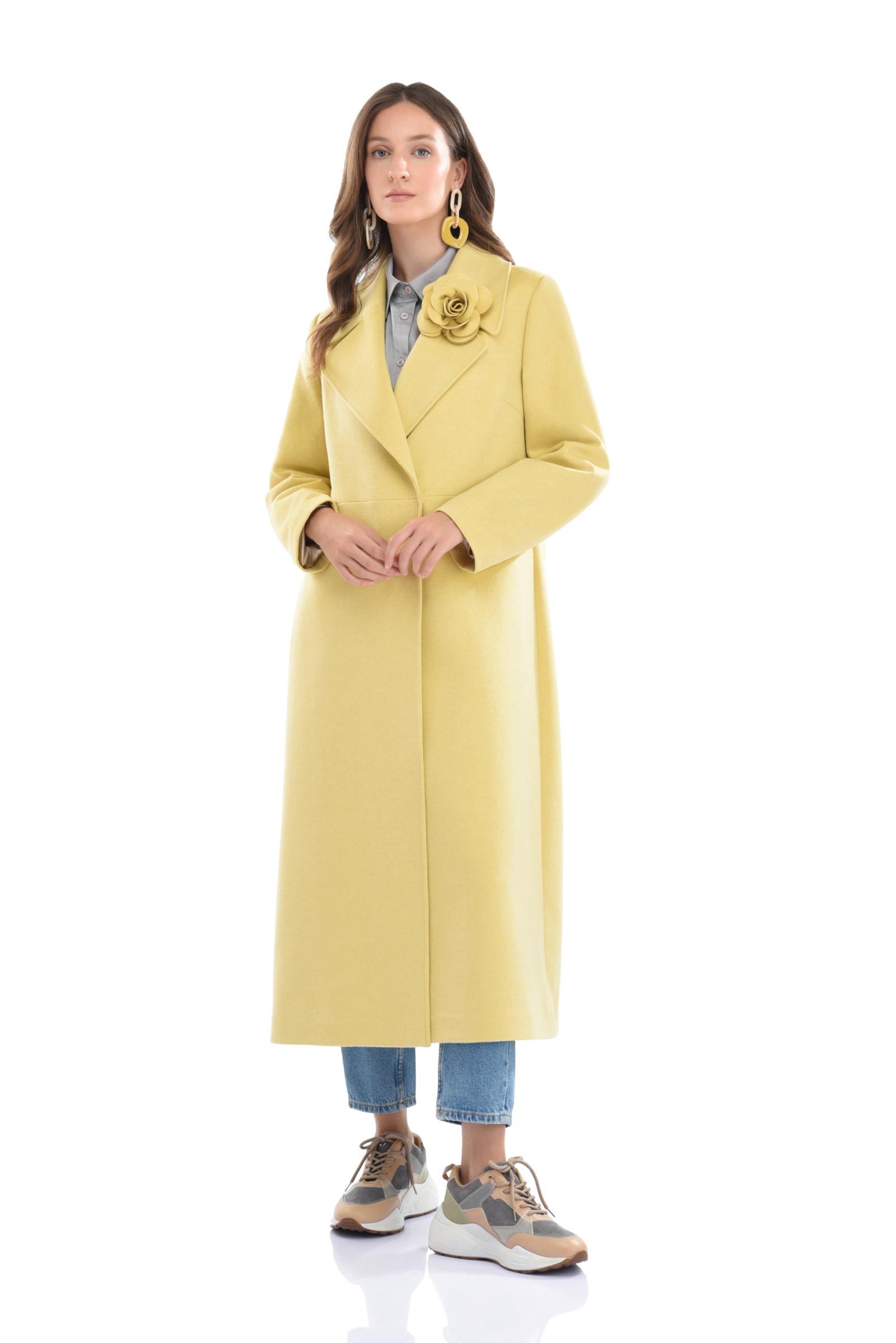 Gül Detaylı Kaşe Uzun Kaban