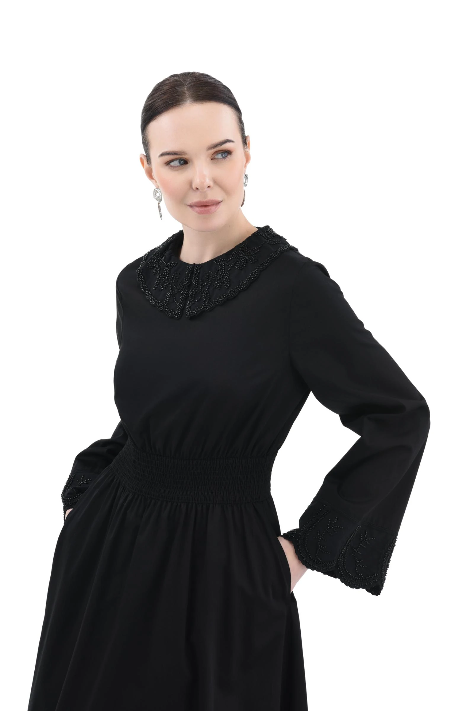 Boncuk Detaylı Pamuk Uzun Elbise