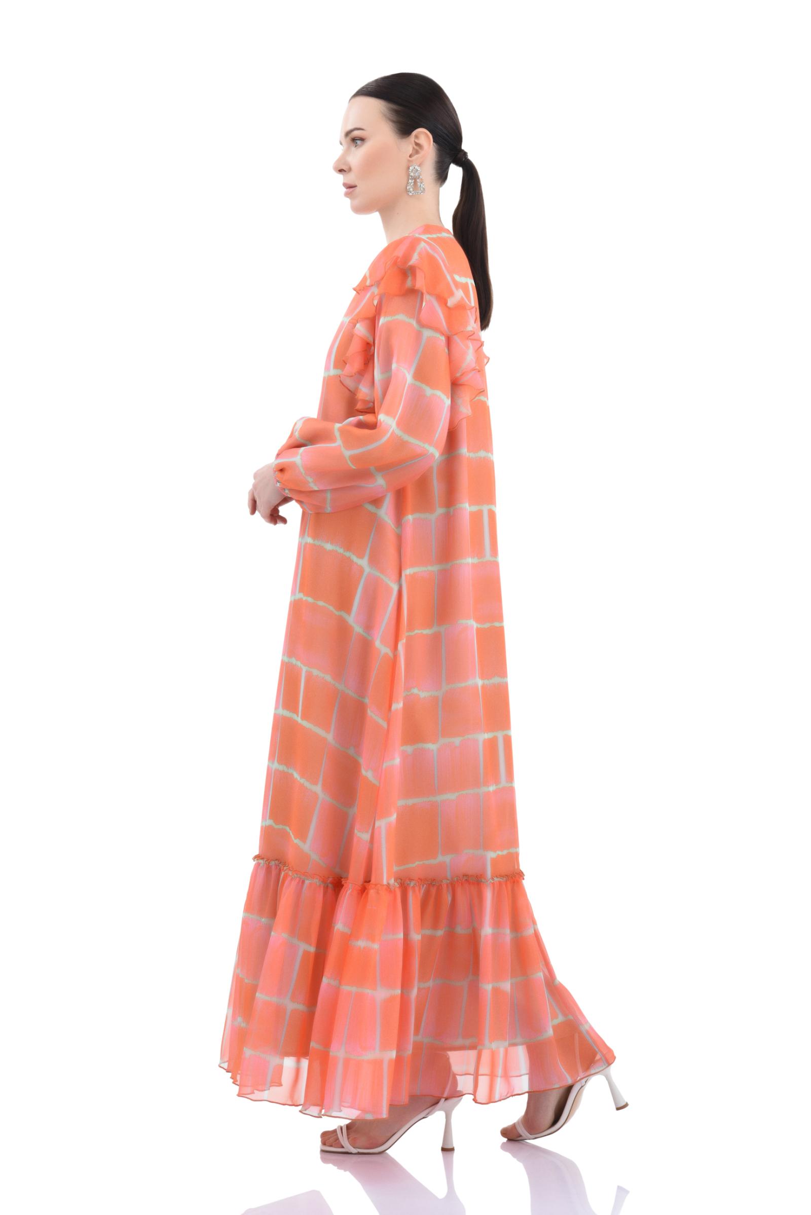 Desenli Turuncu Şifon Elbise