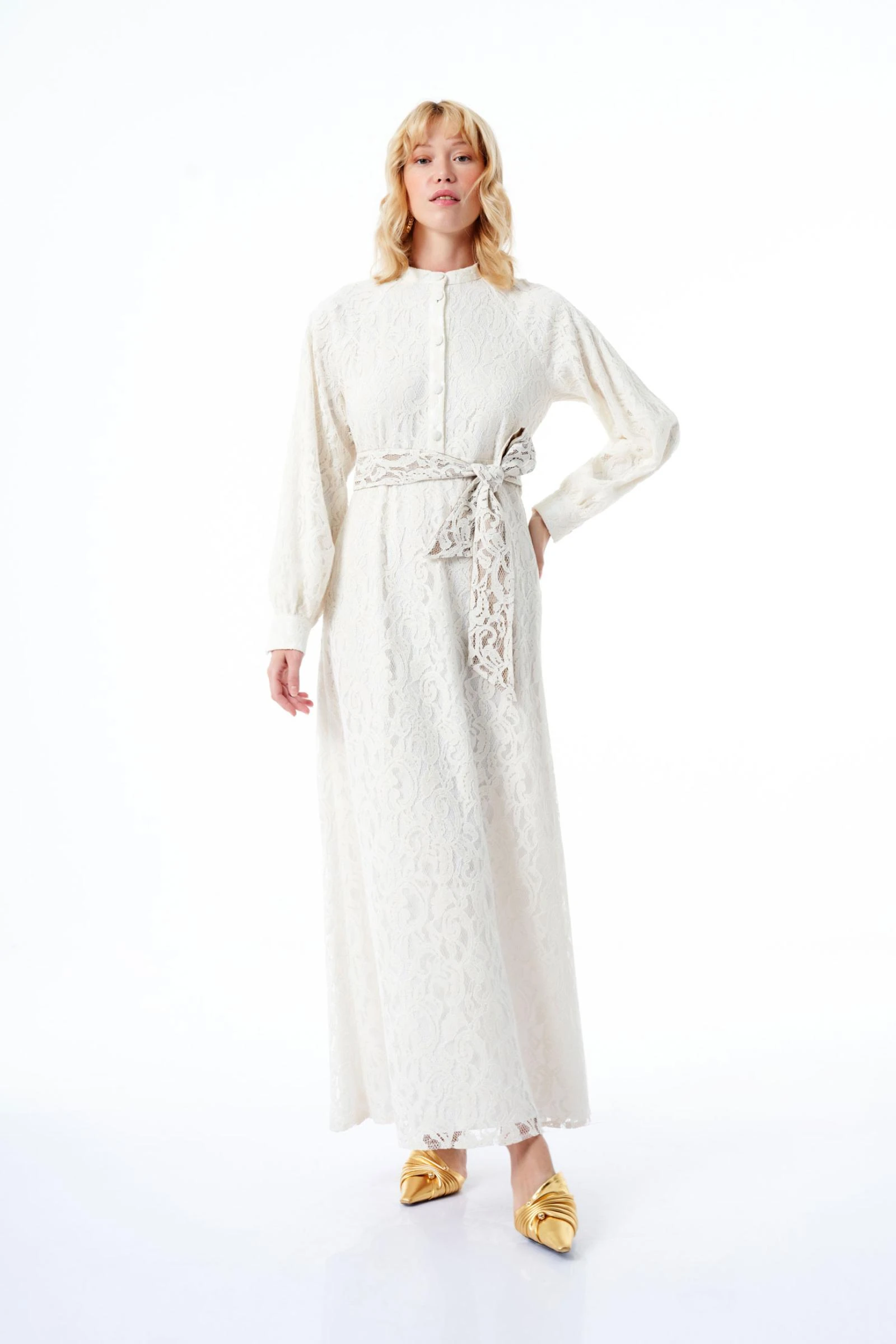 Ekru Dantel Uzun Elbise