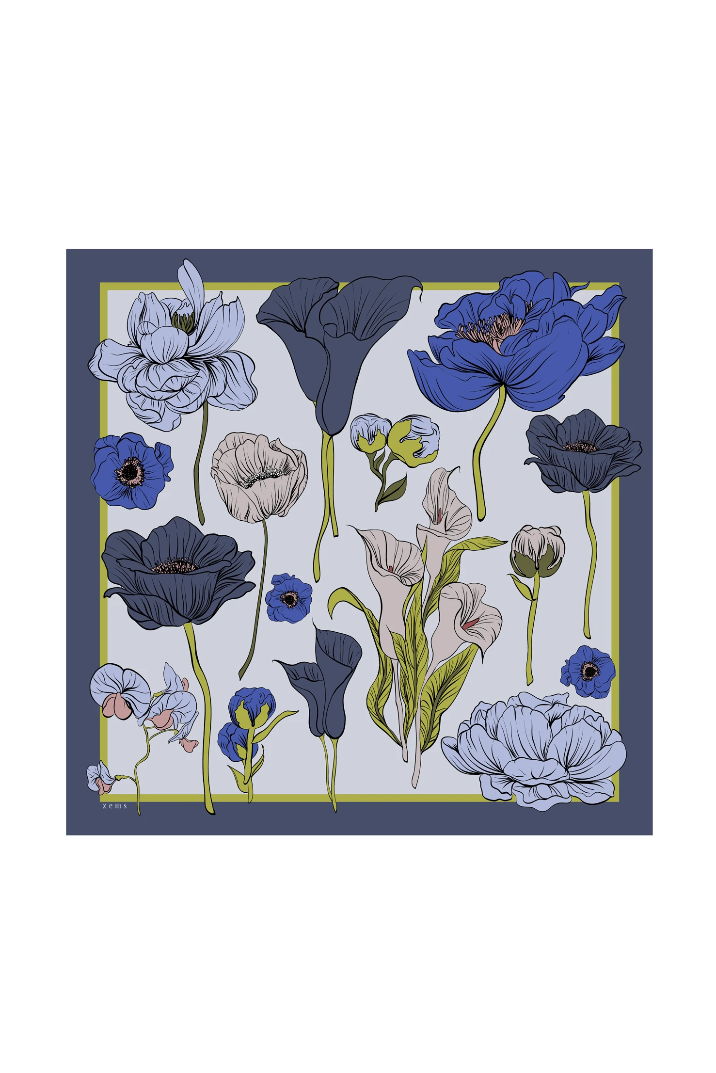 Zems Çiçek Desen Twill İpek Eşarp - İNDİGO