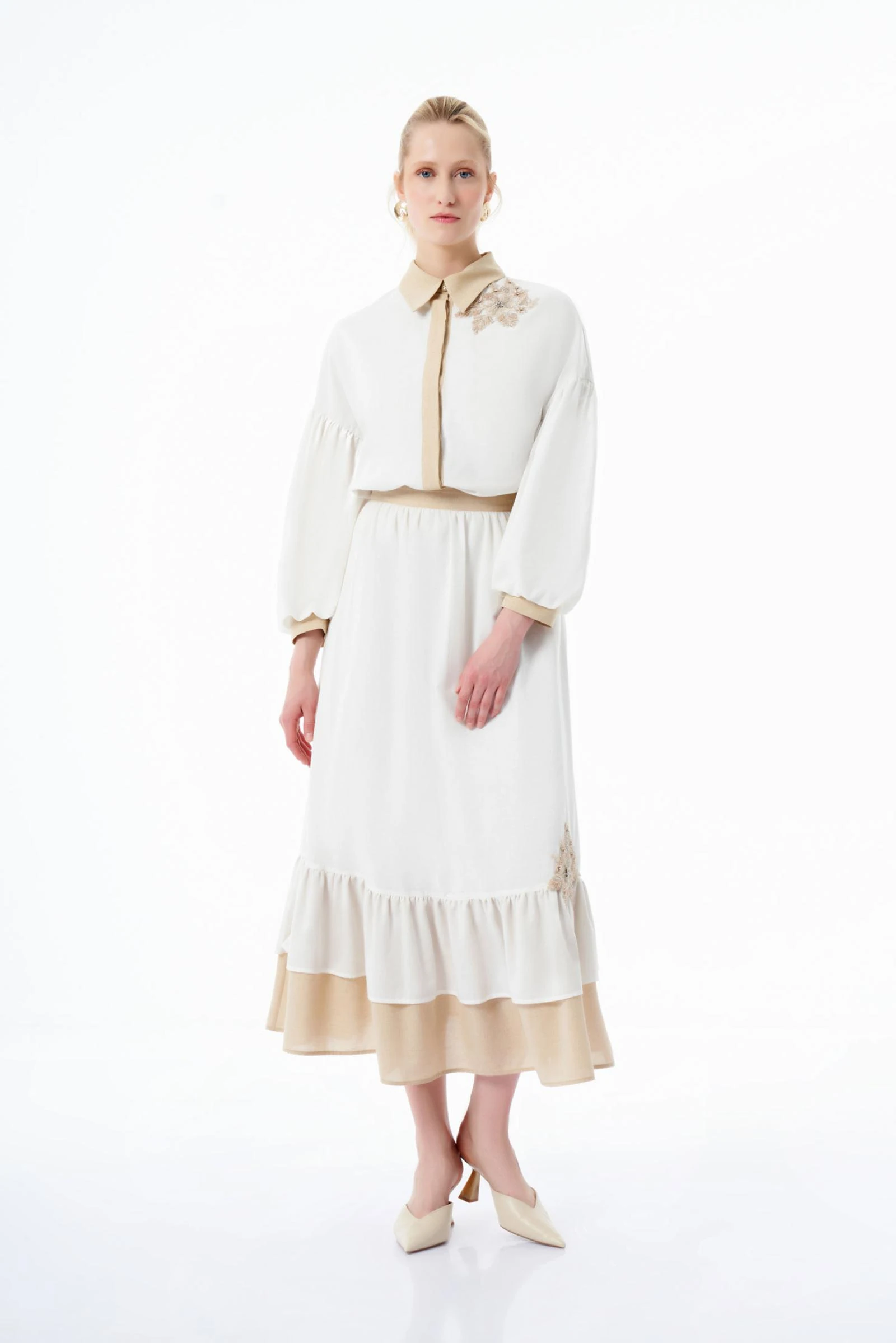 Nakışlı Ekru Kadın Etek