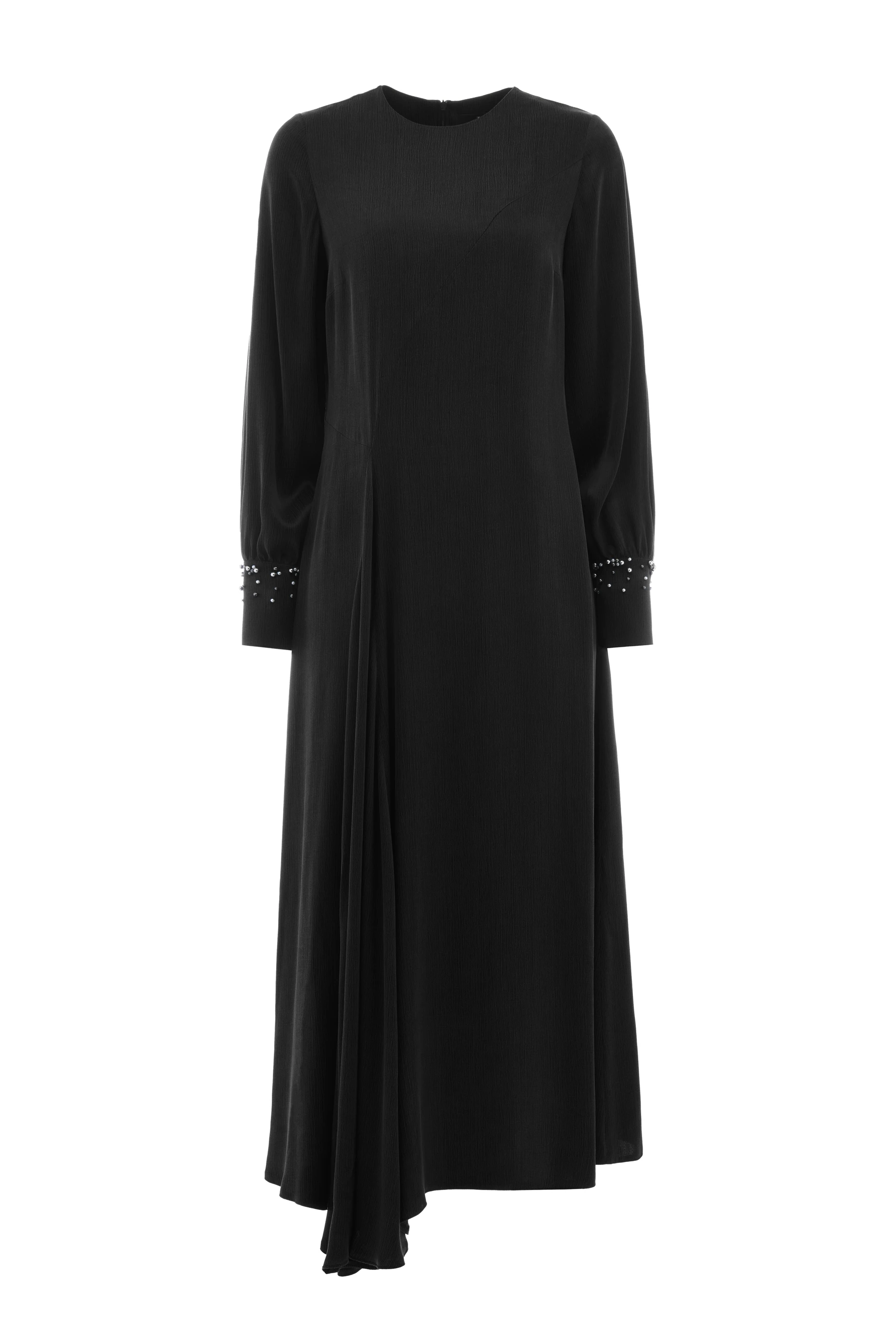 Boncuklu Lacivert Cupro Uzun Elbise - SİYAH