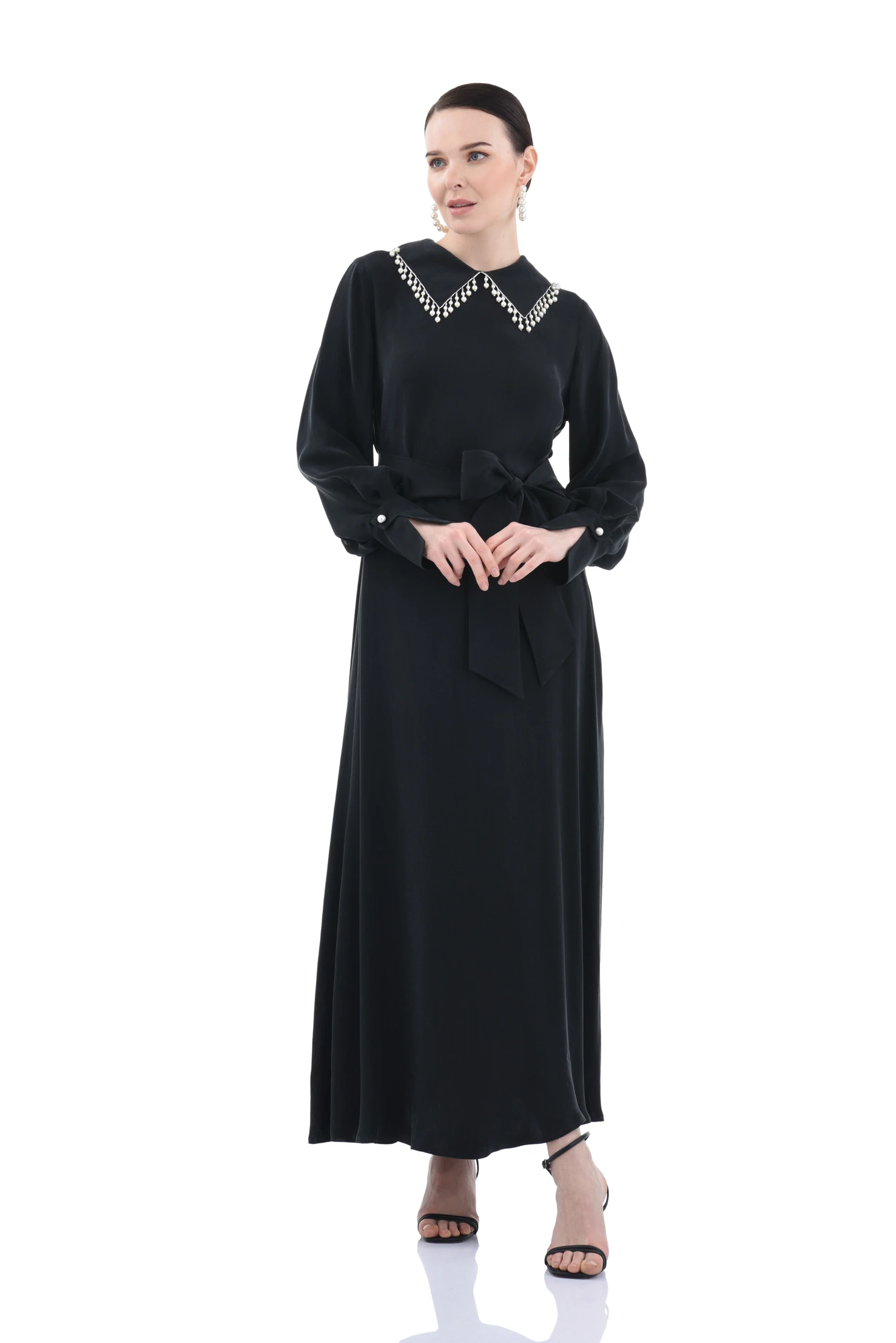 Yakası İncili Cupro Elbise