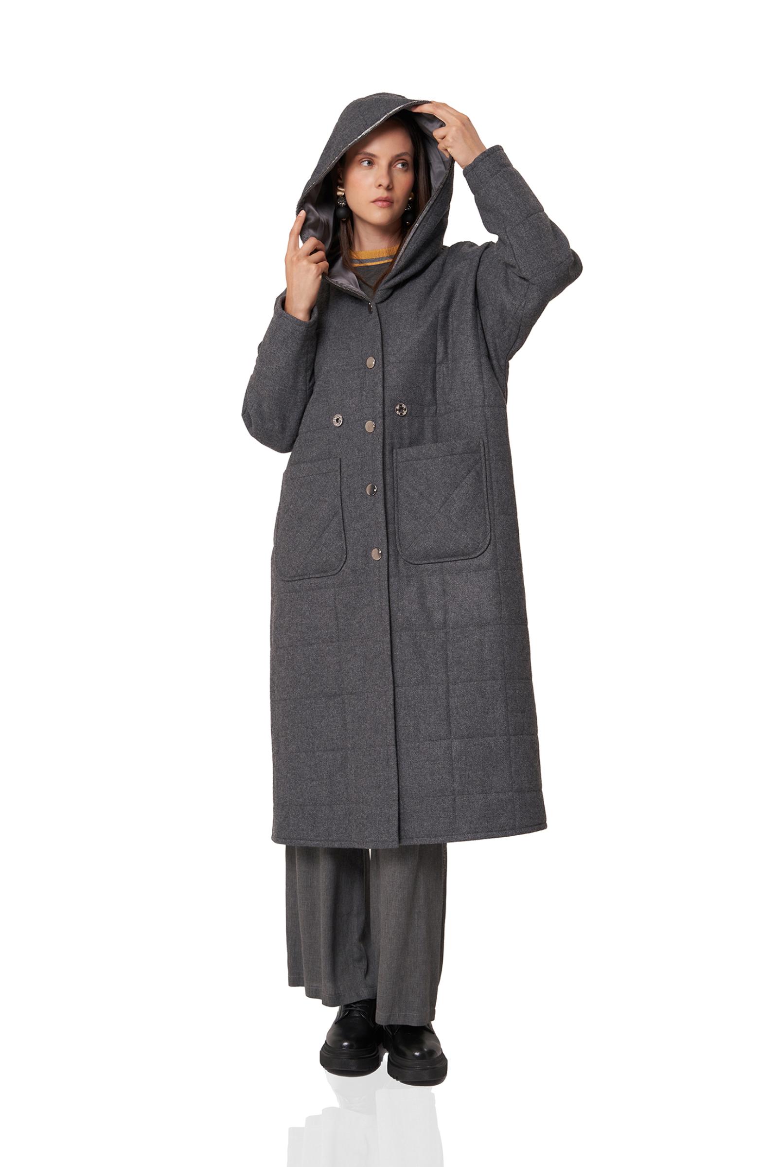 Yünlü Füme Renk Kapüşonlu Kaban (SERİ 1.1.2)