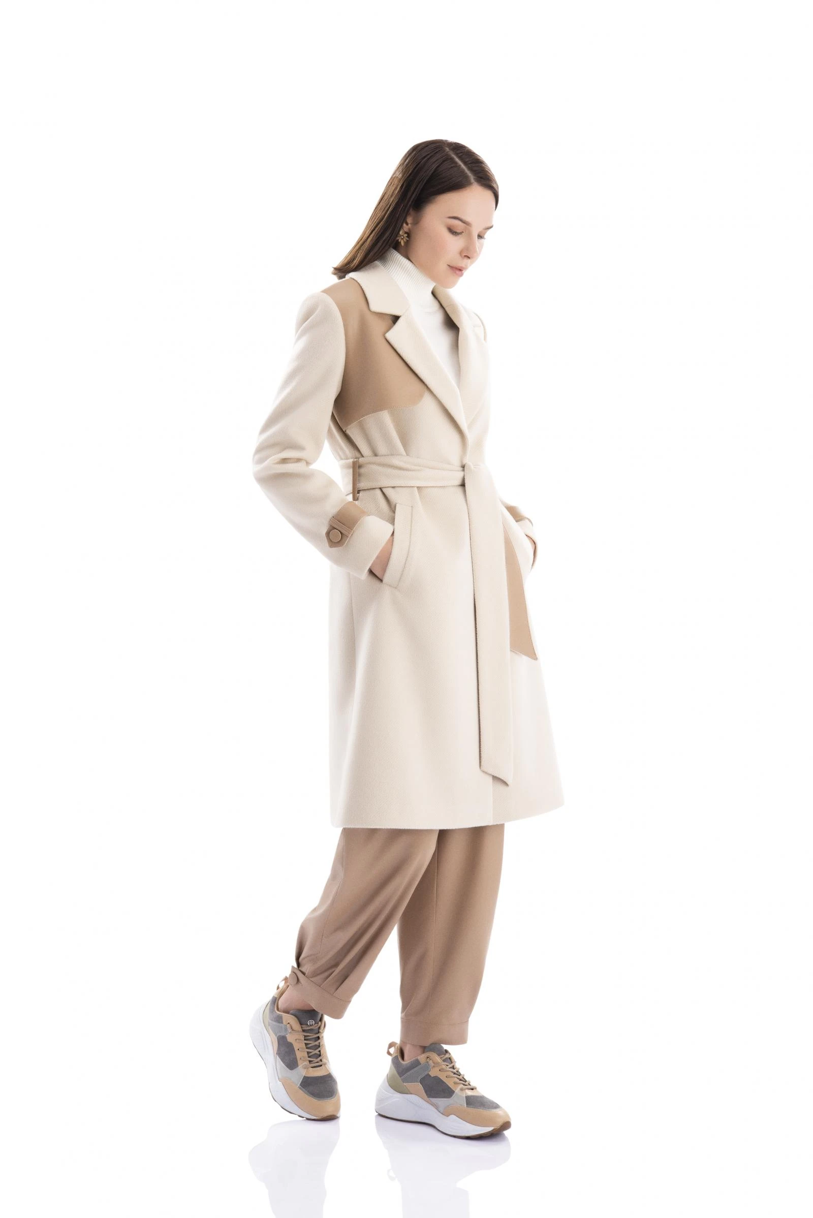 Deri Detaylı Kaşe Kaban