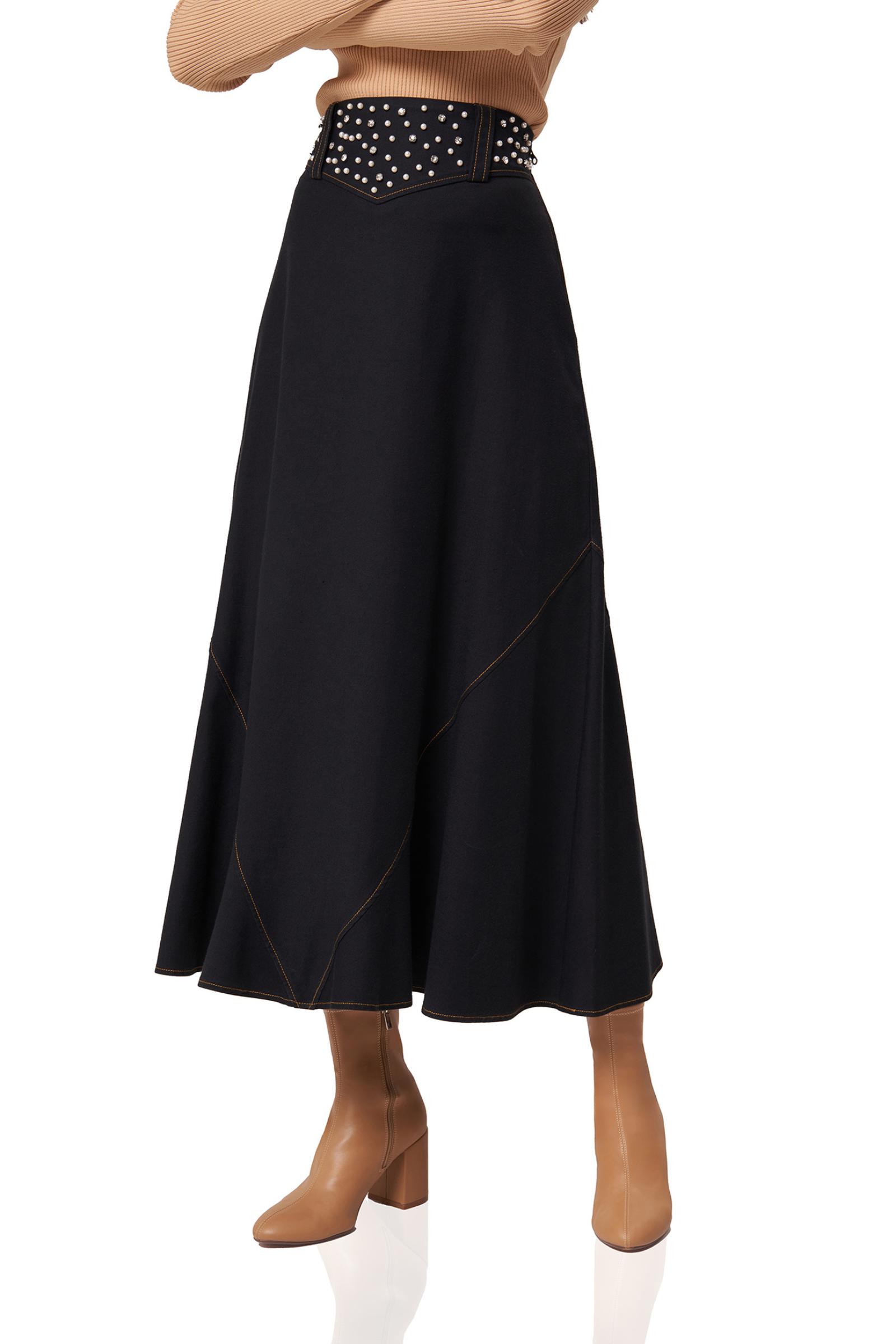 İnci Detaylı Siyah Uzun Etek