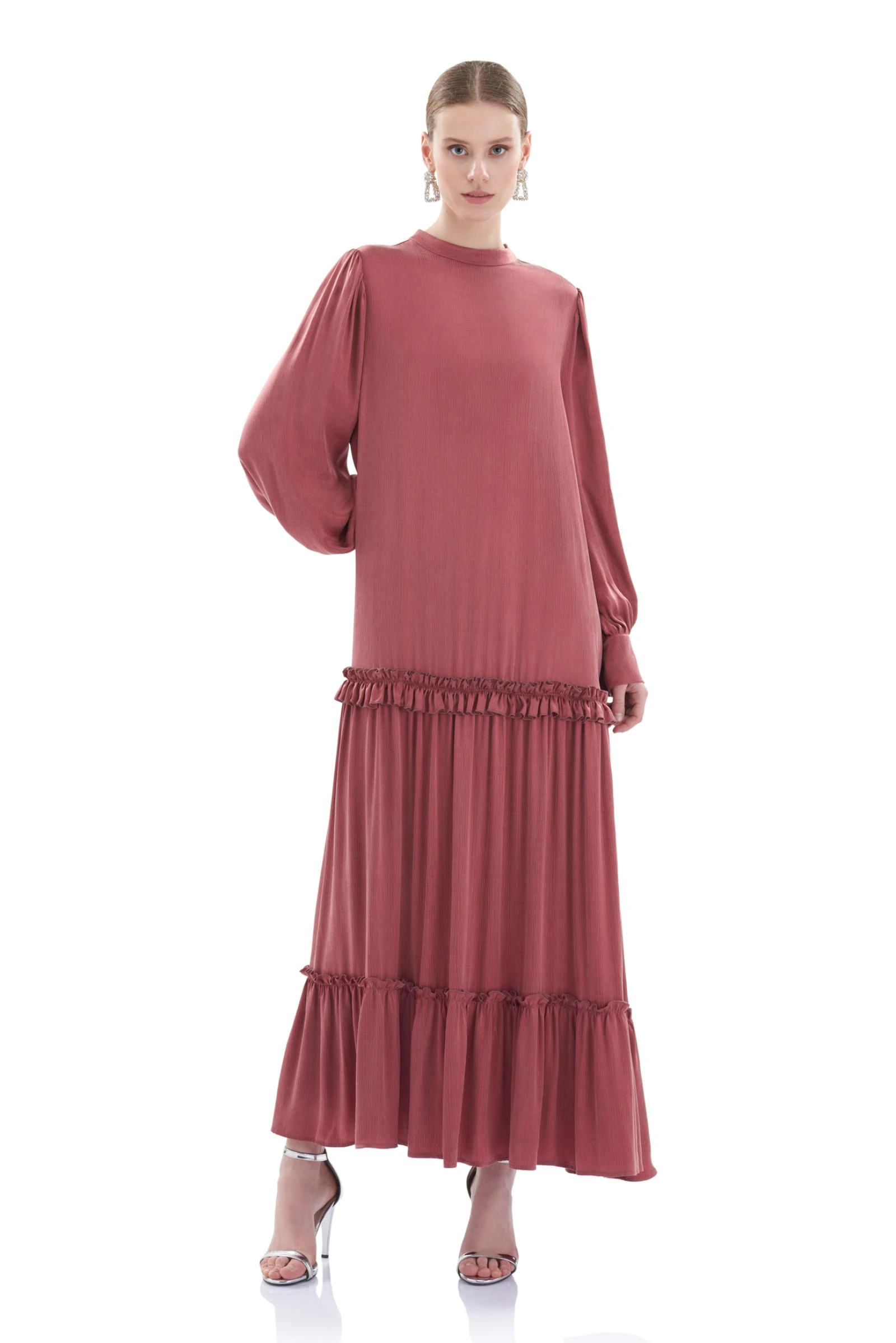 Fırfırlı Cupro Uzun Elbise