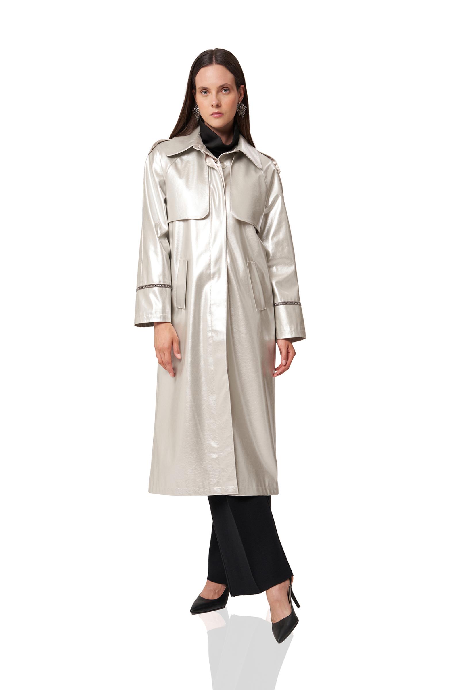 Gümüş Rengi Deri Kadın Kaban