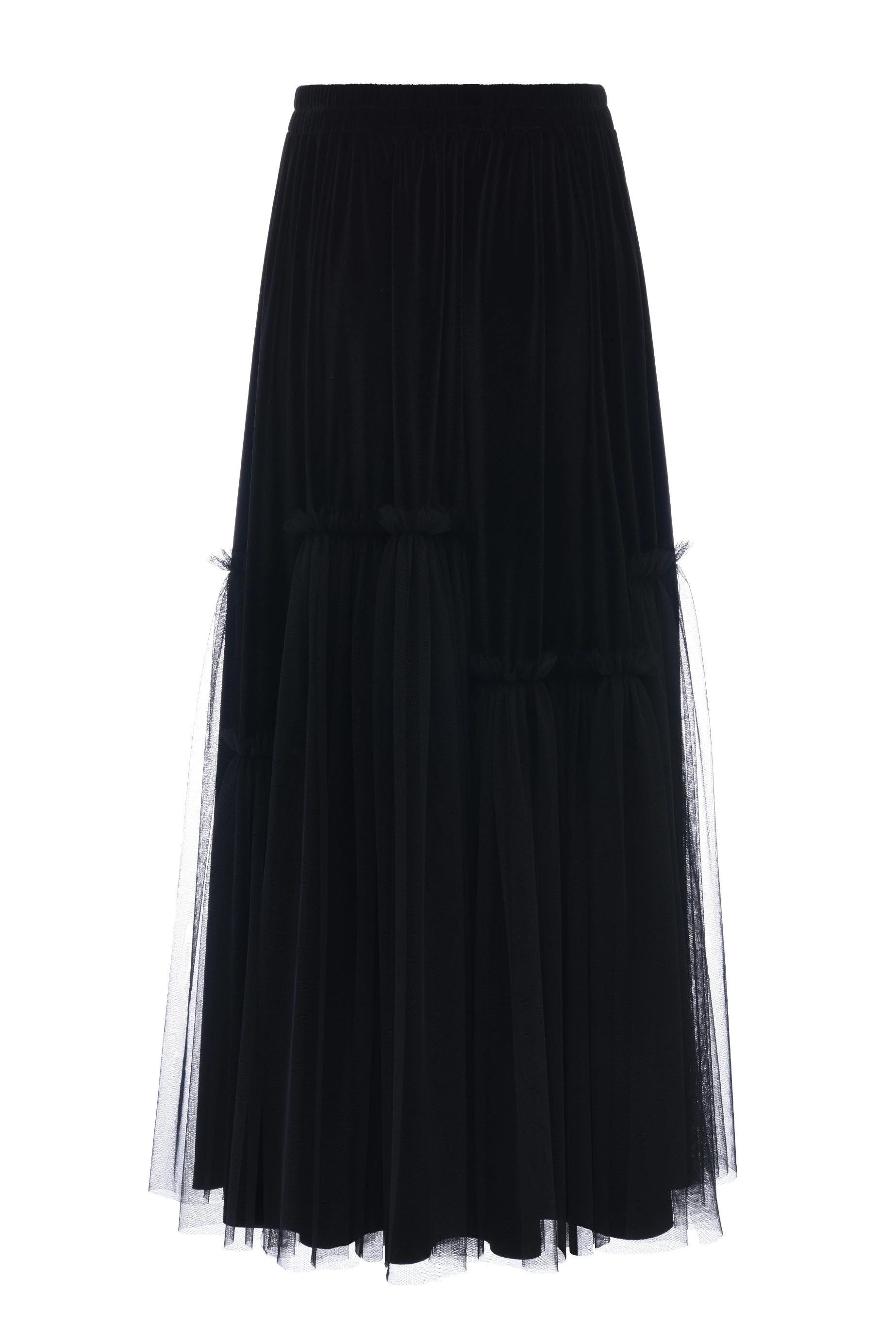 Beli Lastikli Tüllü Kadife Uzun Etek