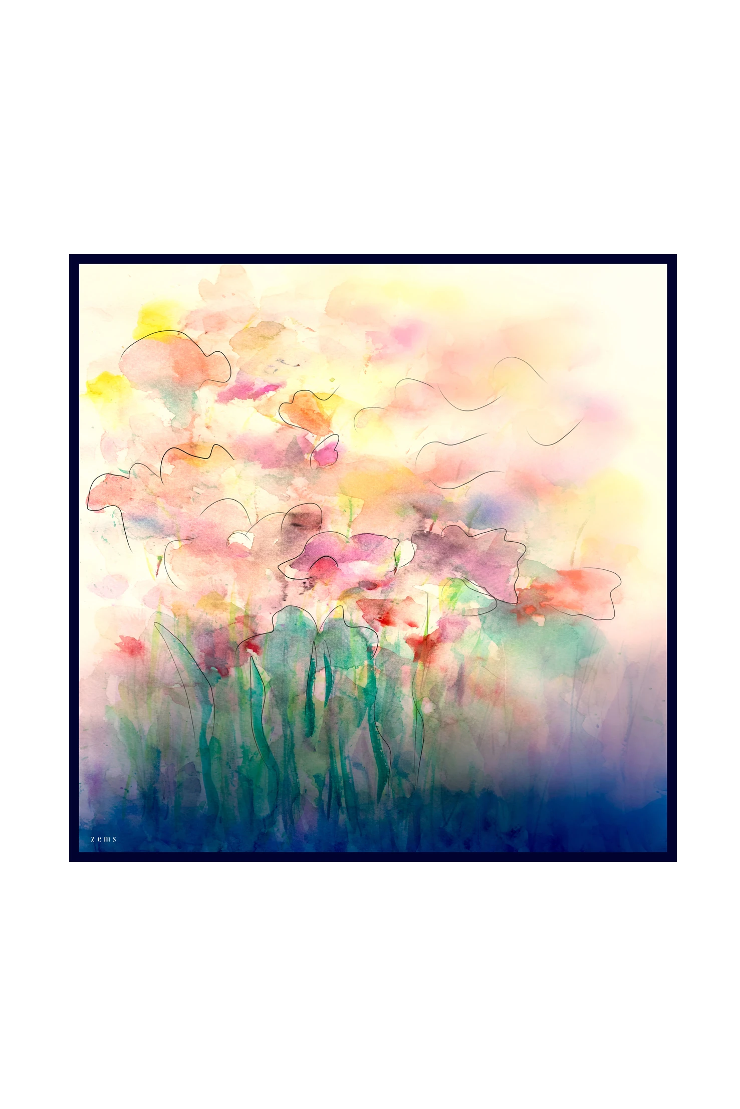 Zems Sulu Boya Desen Twill İpek Eşarp - SARI