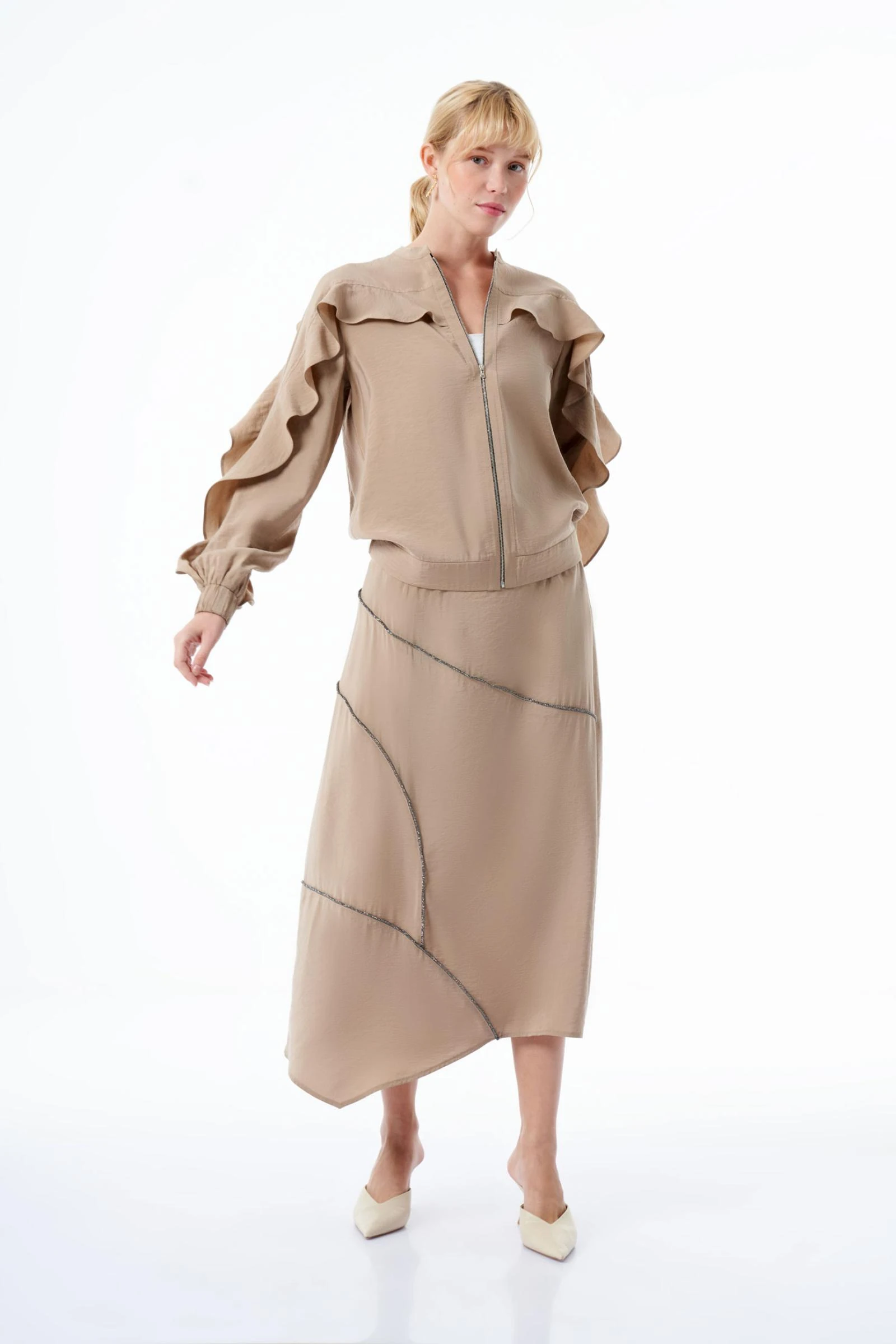 Taşlı Vizon Renk Kadın Etek