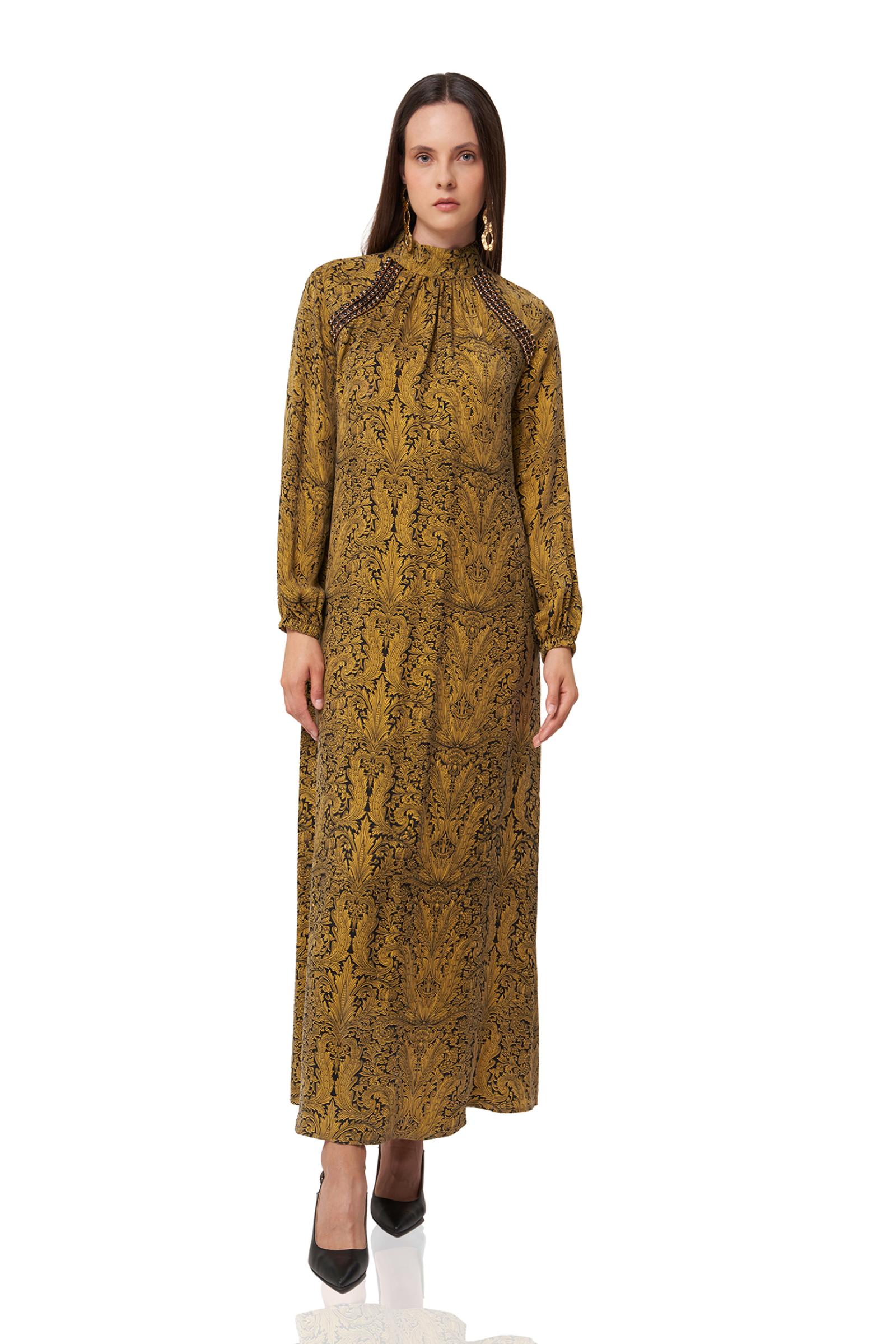 Taşlı Cupro Uzun Elbise