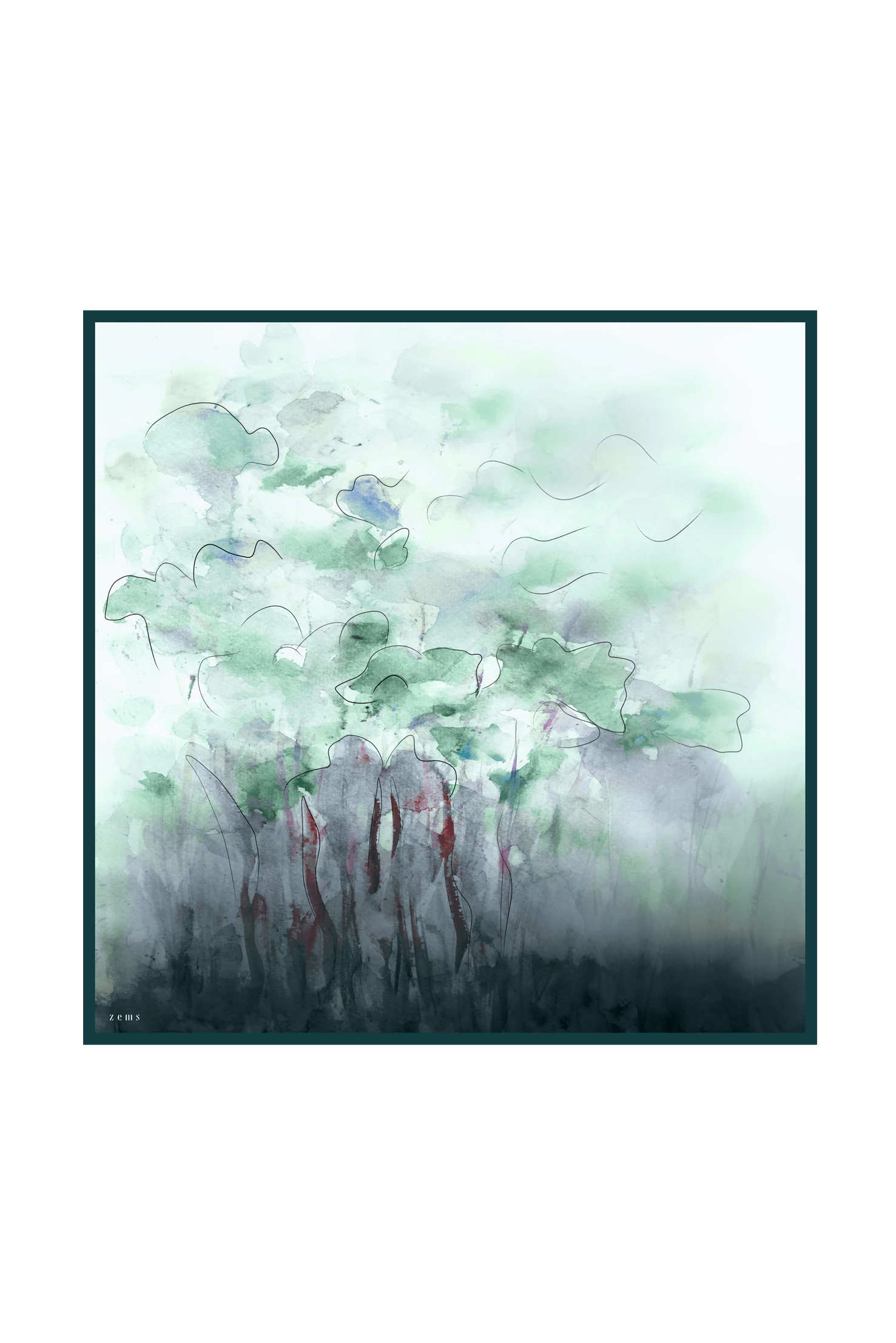 Zems Sulu Boya Desen Twill İpek Eşarp - YEŞİL