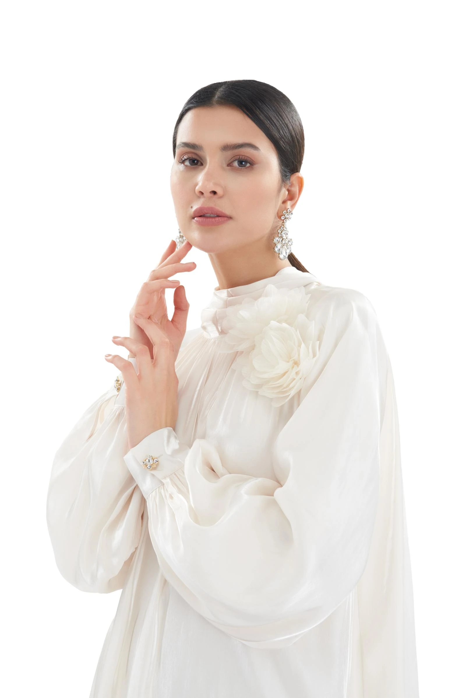 Gül Detaylı Uzun Elbise