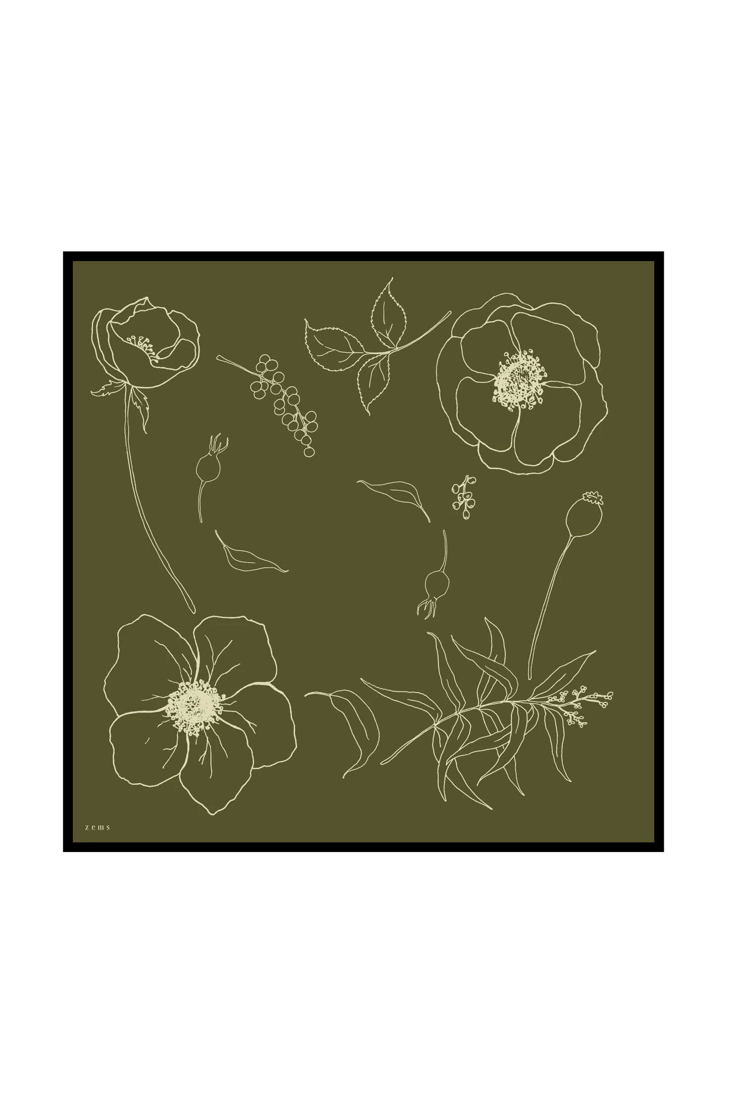 Zems Çiçek Desen Kadın Twill İpek Eşarp - YAĞ YEŞİLİ