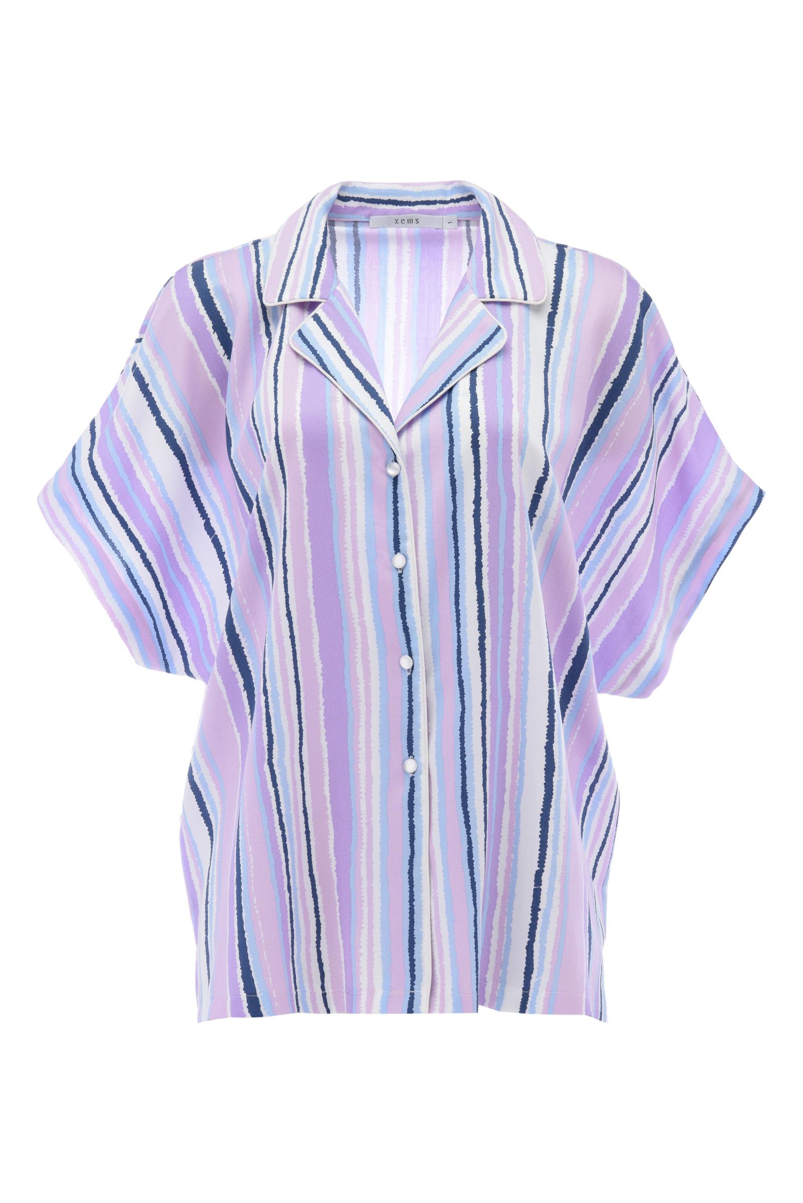 Lila Çizgili Kısa Kollu Pijama Üst