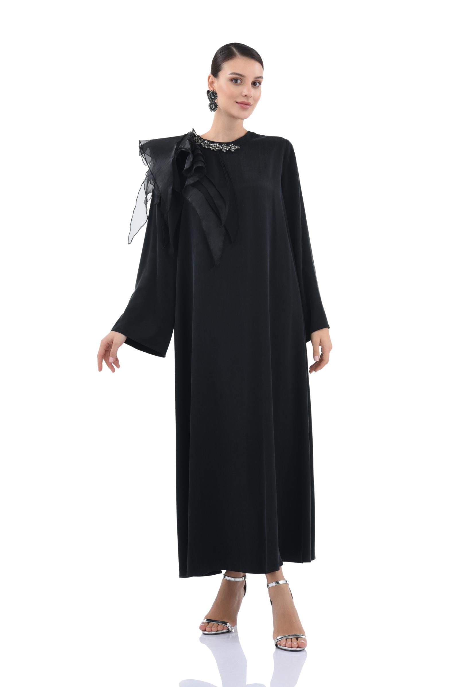 Omuz Detaylı Cupro Siyah Elbise