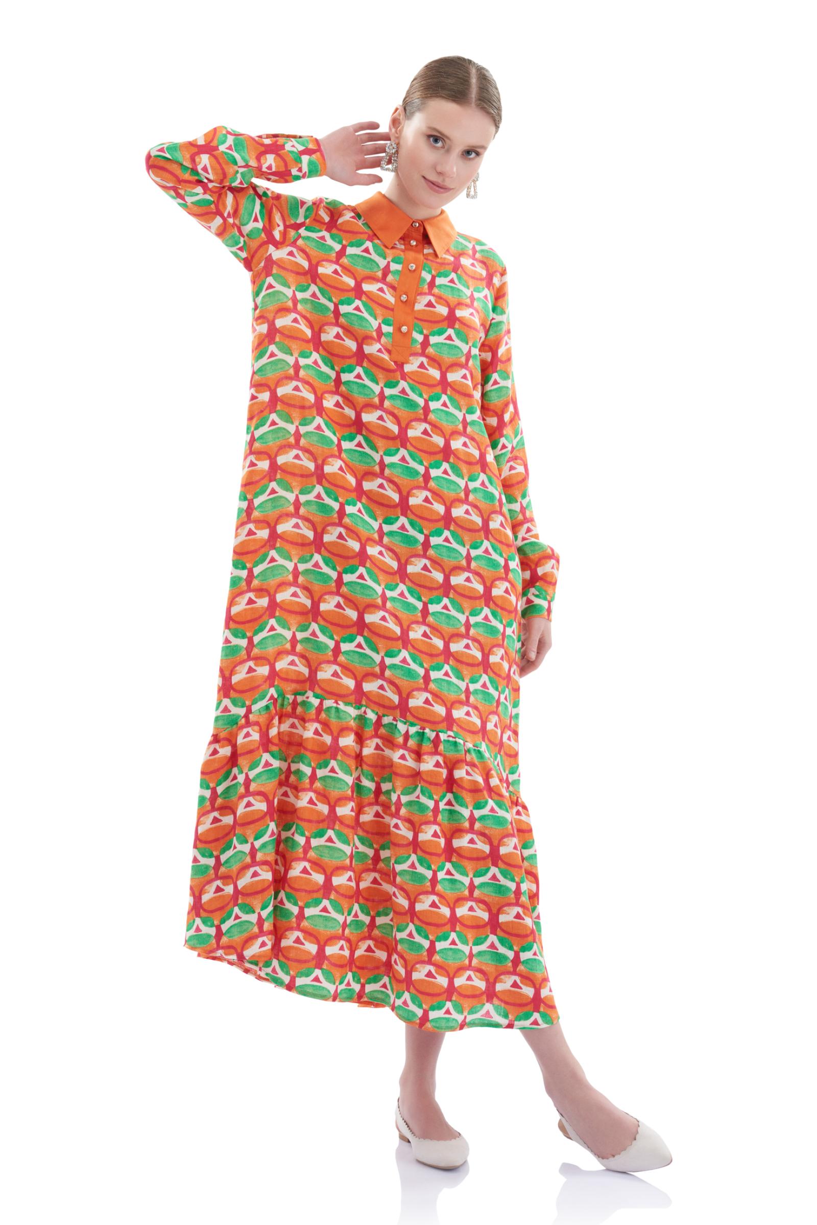 Desenli Keten Uzun Elbise