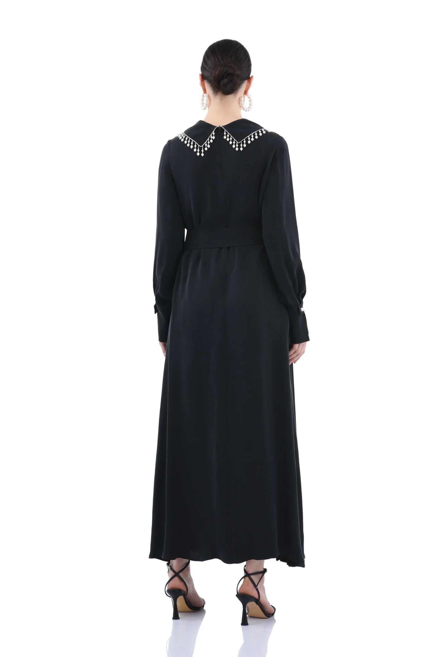 Yakası İncili Cupro Elbise