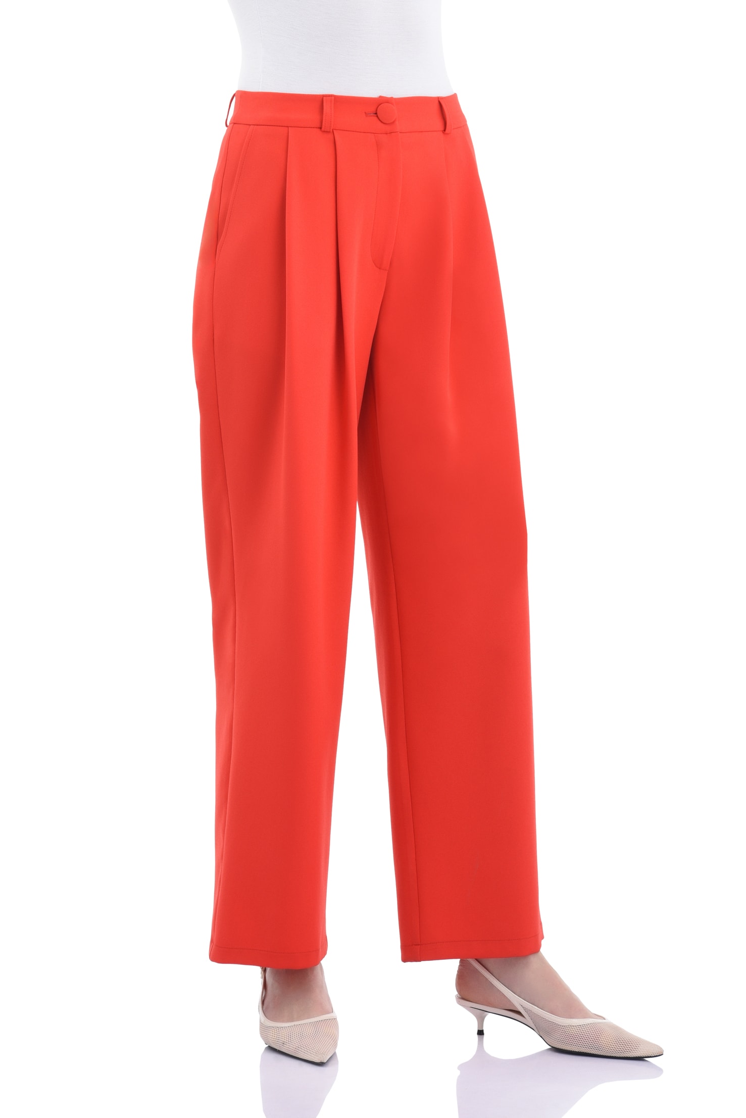 Pile Detaylı Kadın Pantolon - KIRMIZI