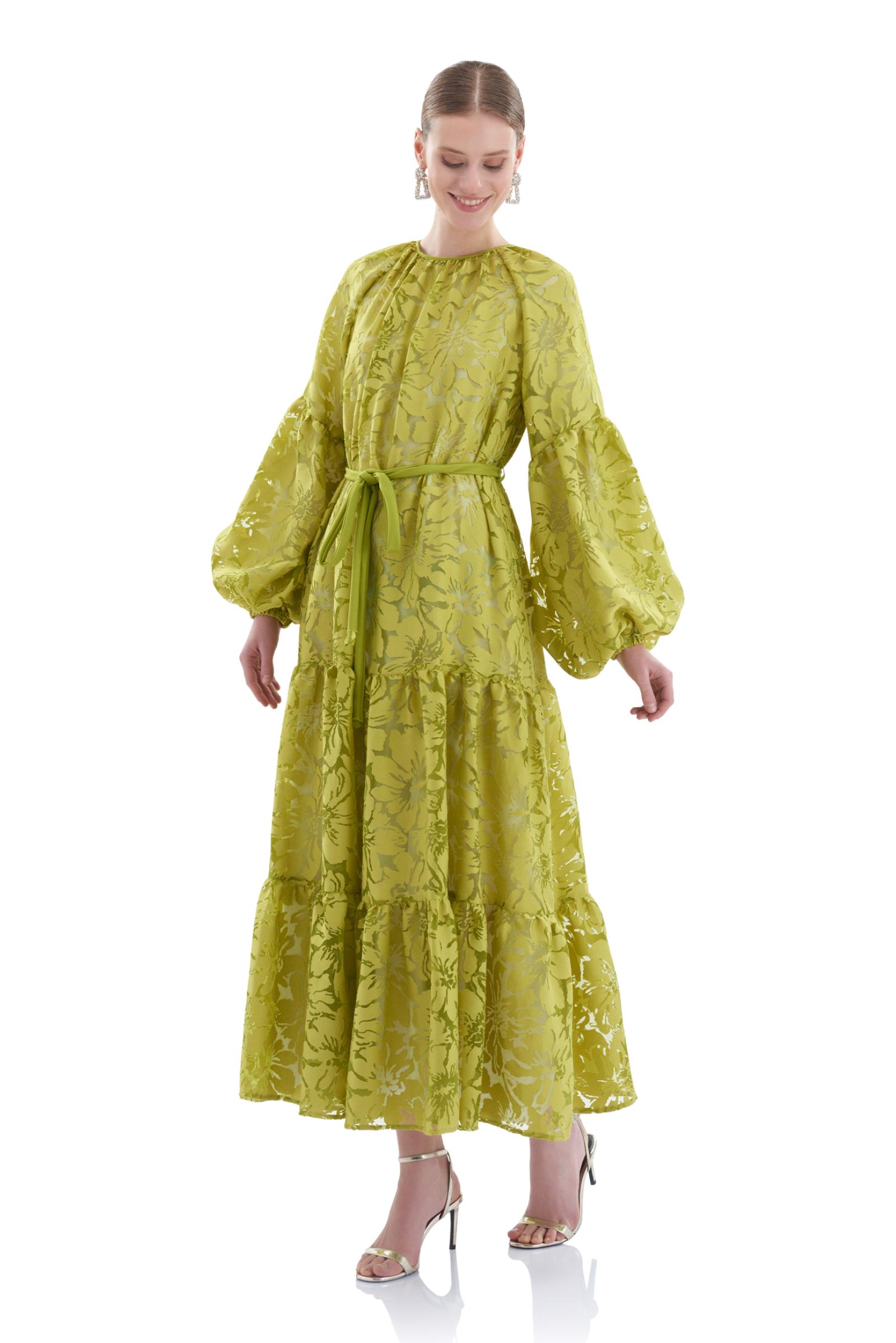 Balon Kollu Yeşil Uzun Elbise