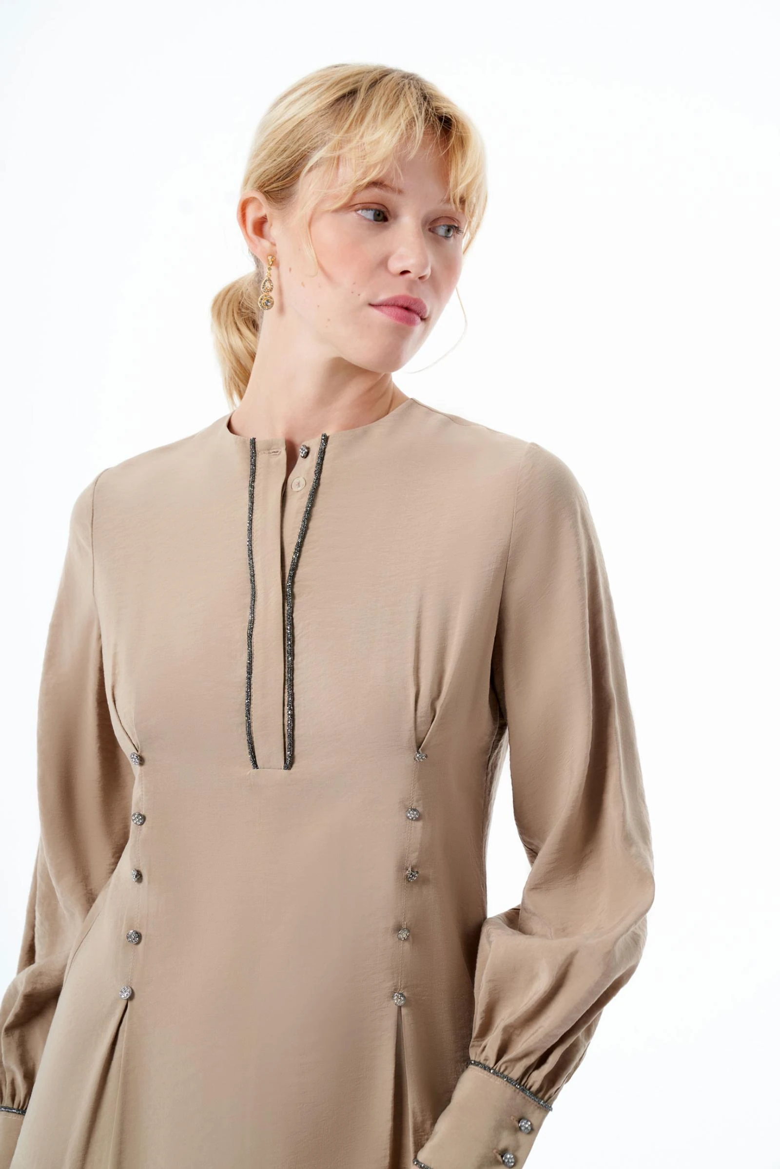 Vizon Rengi Taşlı Kadın Uzun Elbise