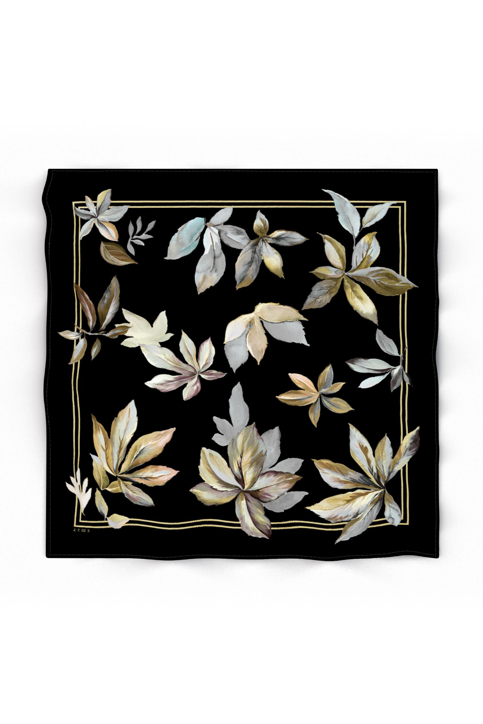 Zems Yaprak Desen Twill İpek Eşarp - SİYAH