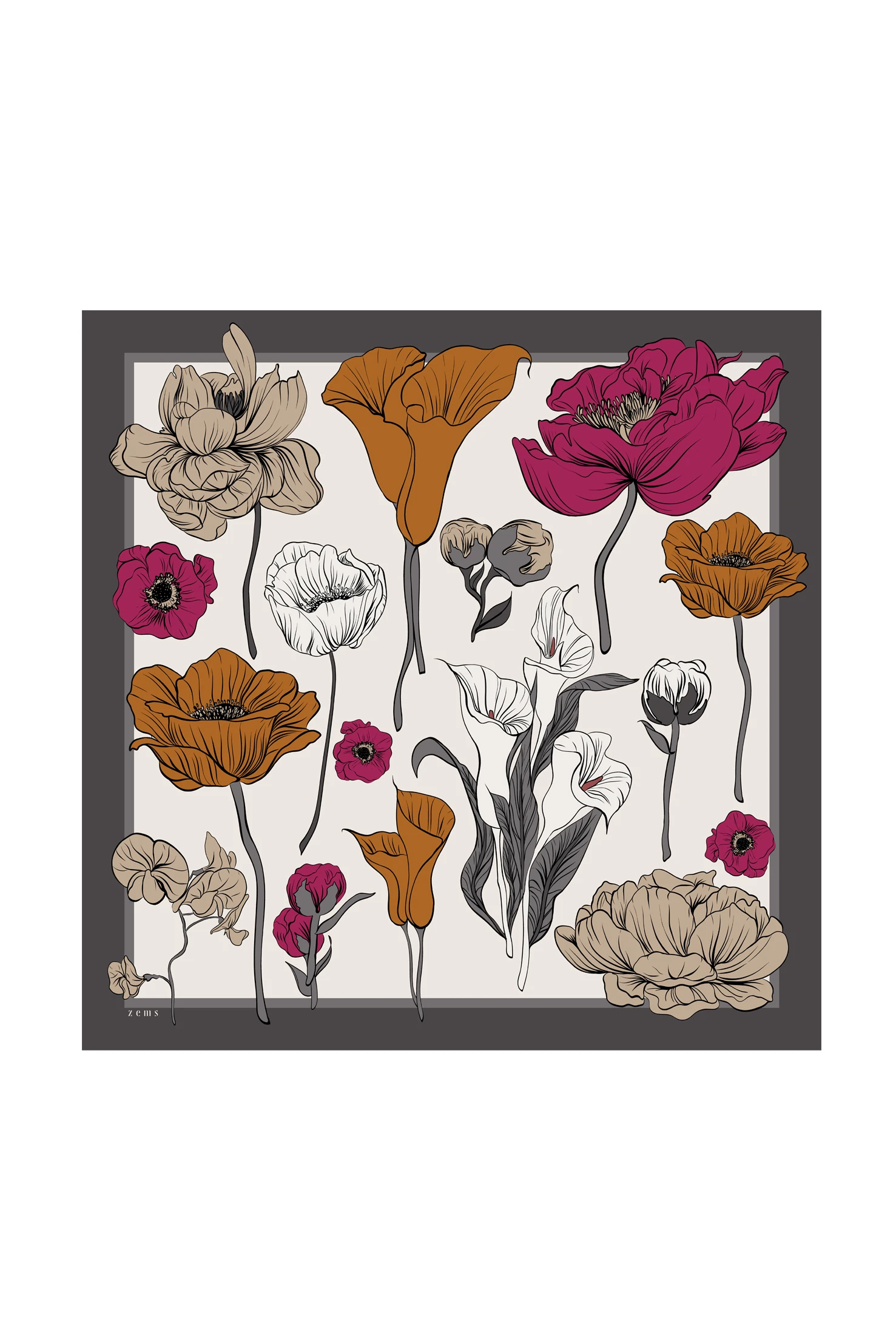 Zems Çiçek Desen Twill İpek Eşarp - VİZON