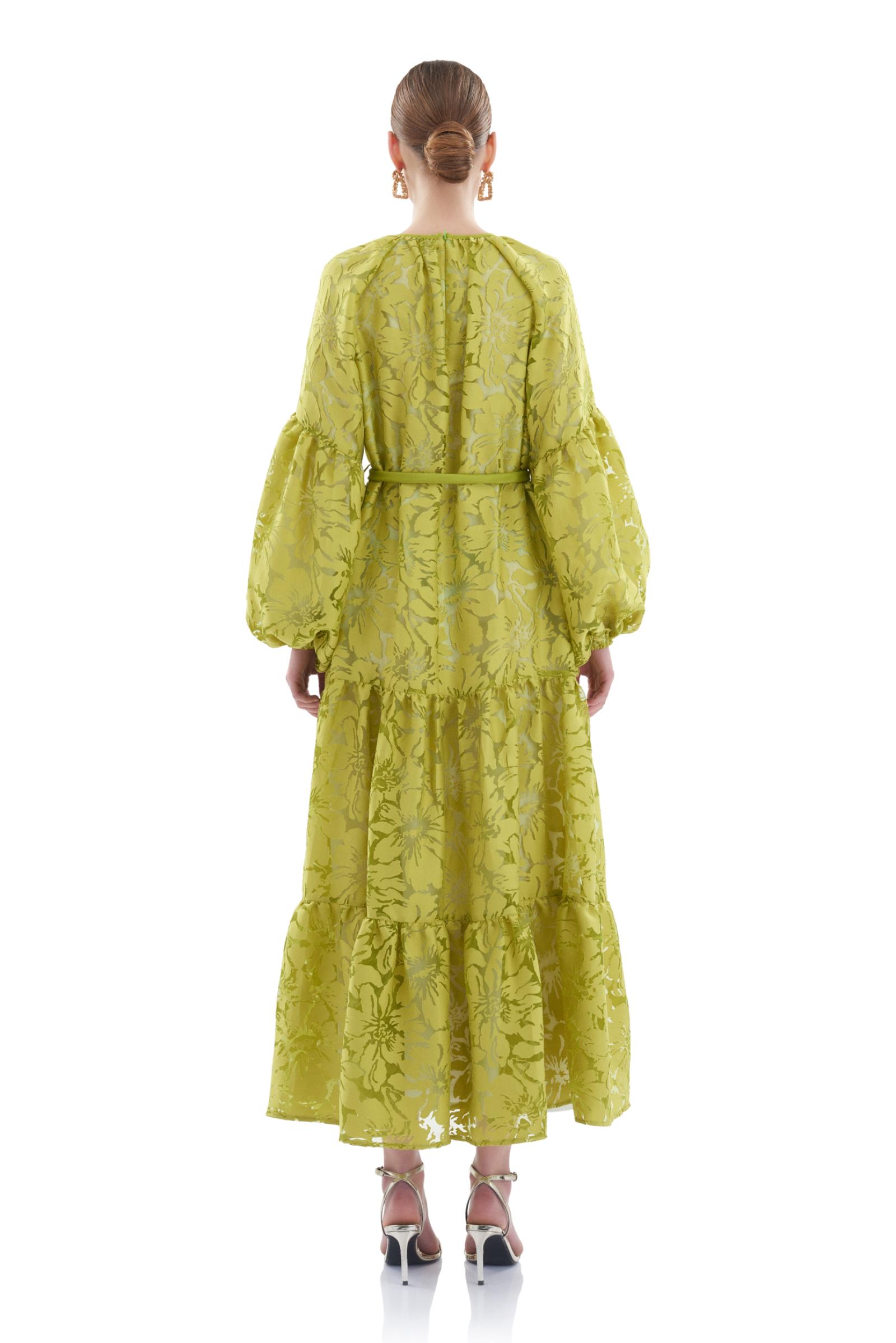 Balon Kollu Yeşil Uzun Elbise