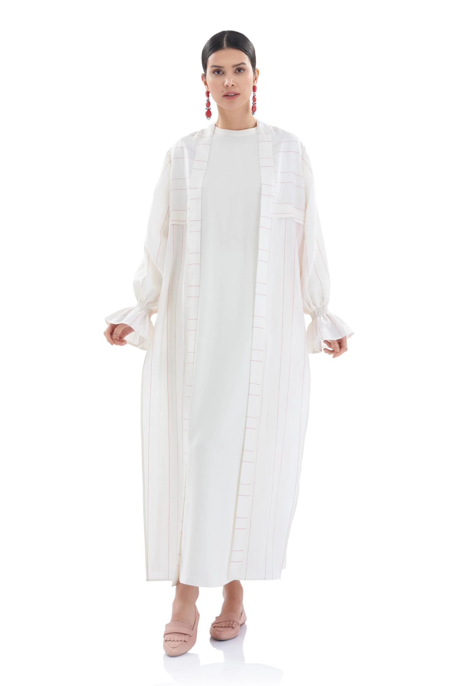 Yırtmaç Detaylı Beyaz Keten Kimono