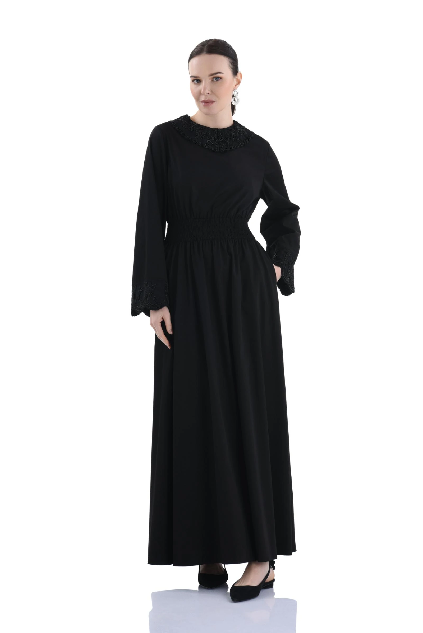 Boncuk Detaylı Pamuk Uzun Elbise