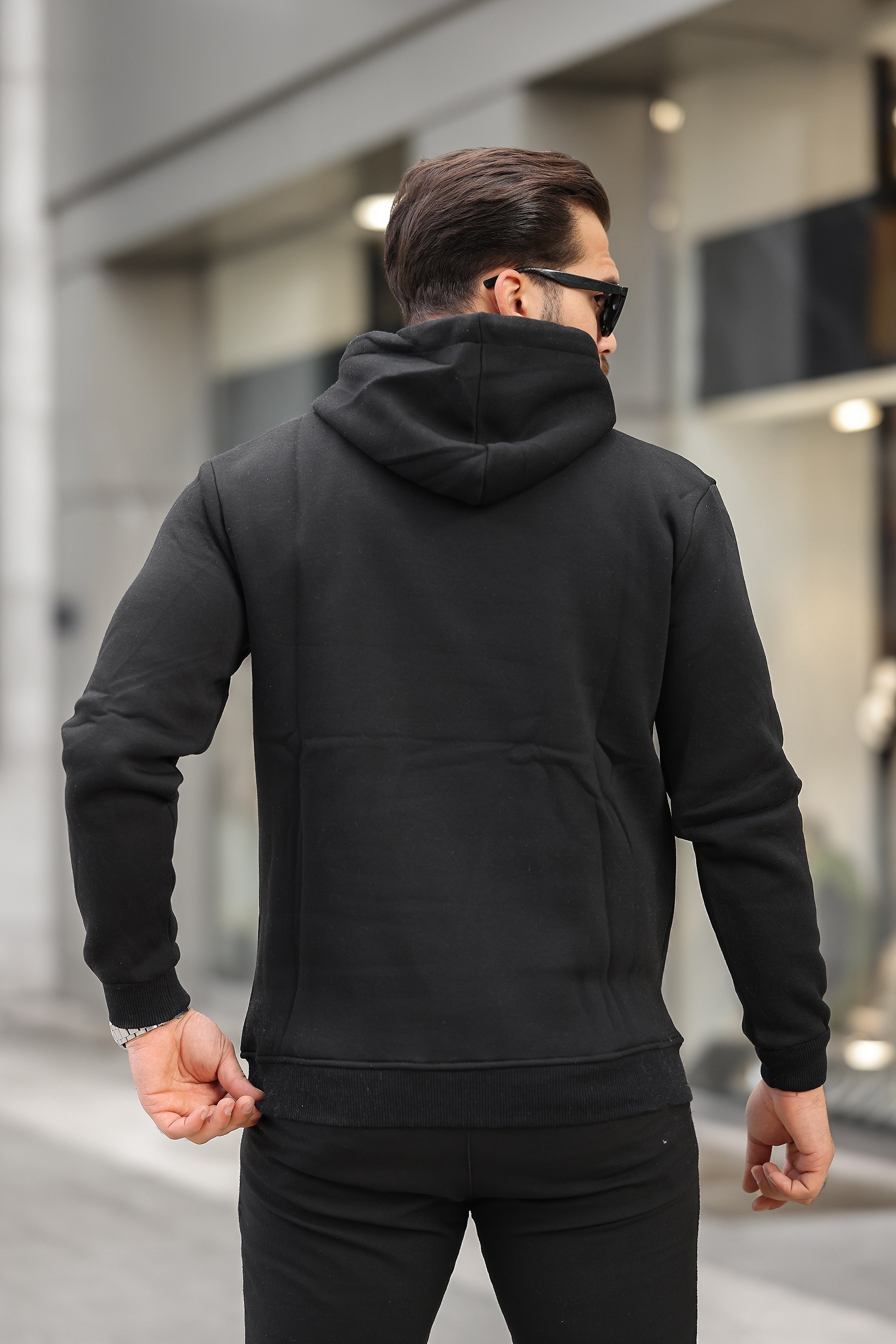 Erkek  Düz Kapüşonlu Oversize 3 iplik Şardonlu Sweatshirt