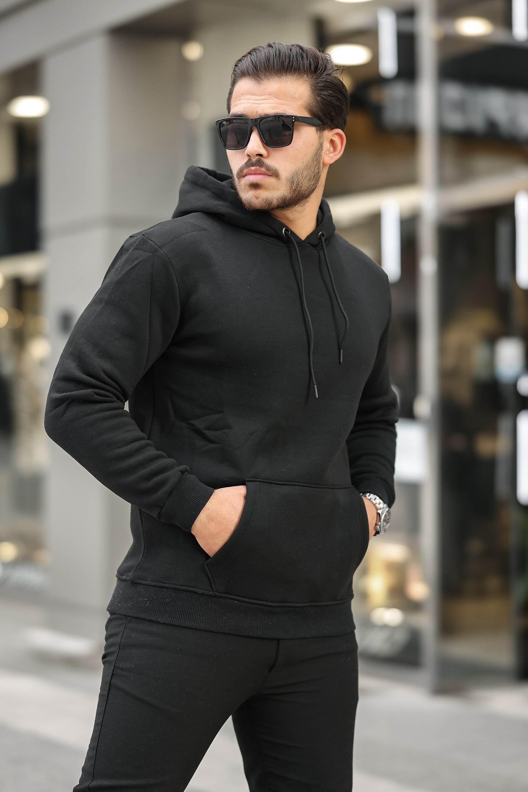 Erkek  Düz Kapüşonlu Oversize 3 iplik Şardonlu Sweatshirt