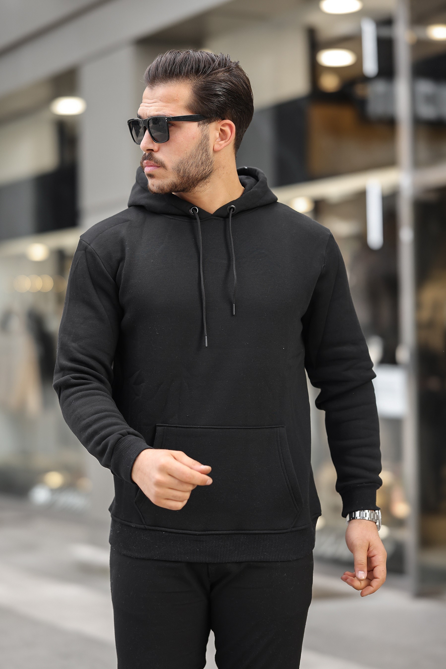 Erkek  Düz Kapüşonlu Oversize 3 iplik Şardonlu Sweatshirt