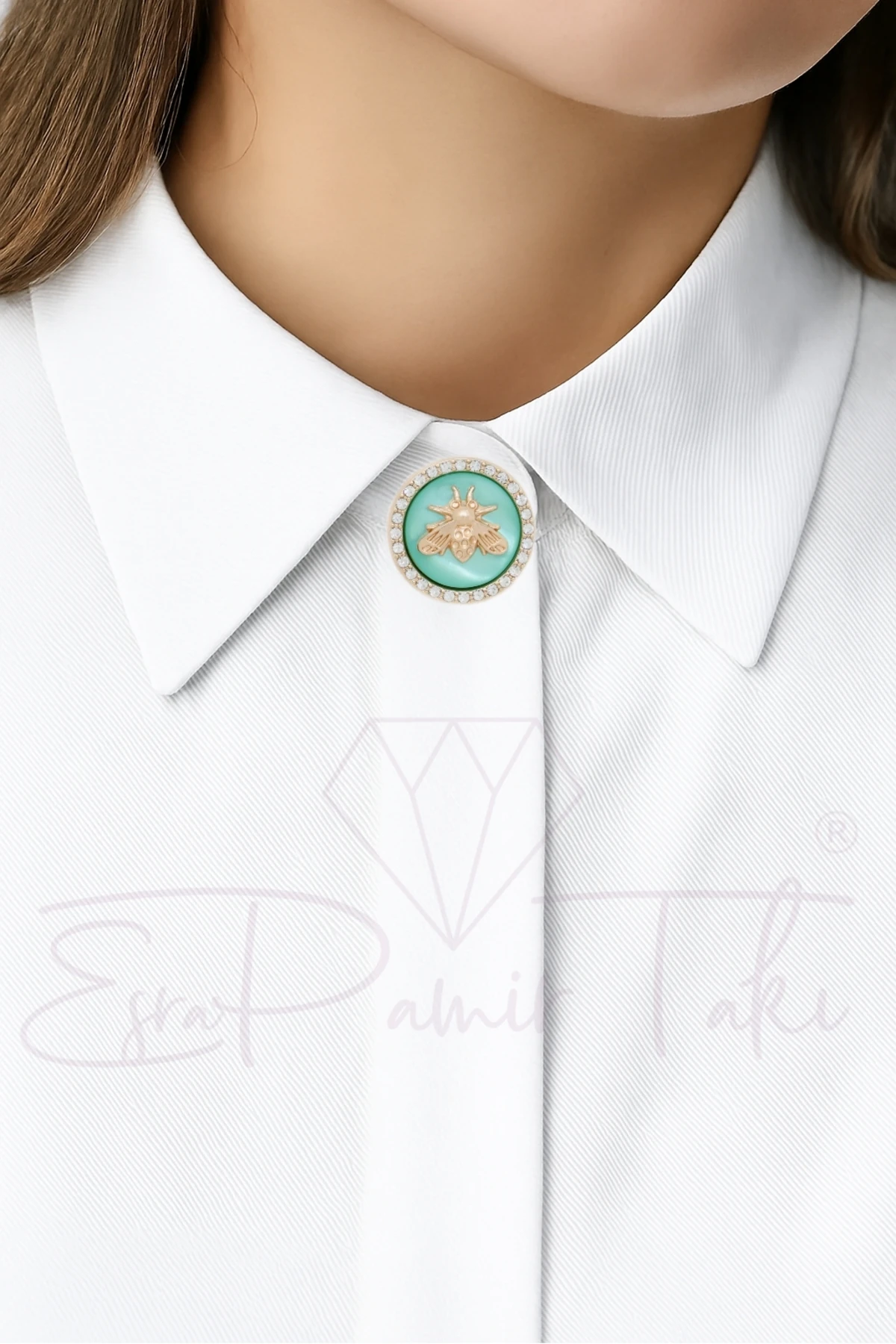 Zirkon Taşlı Turkuaz Arı Motifli Düğme Süsü Broş