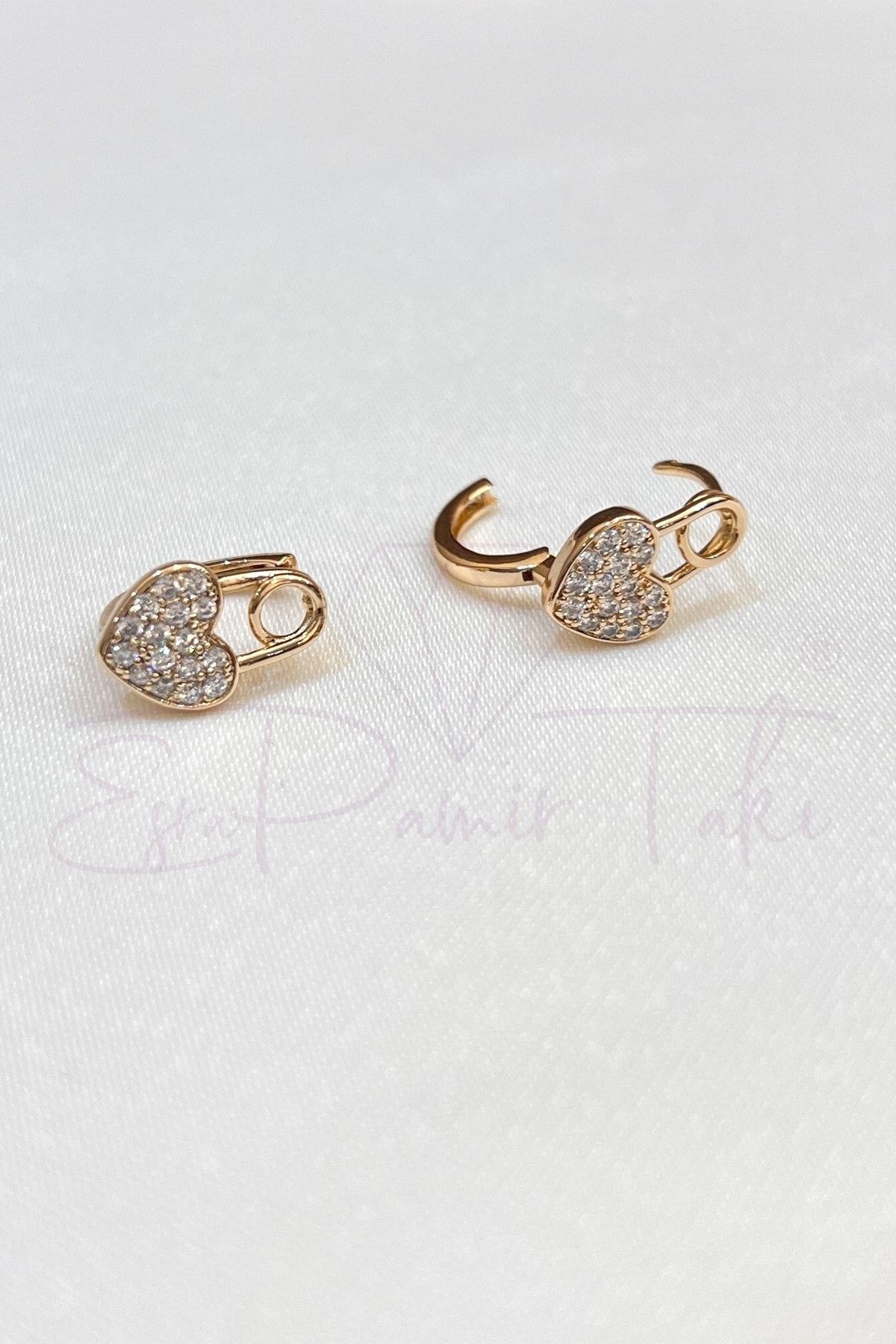 Kristal Taşlı Rose Gold Renk Kalp Küpe