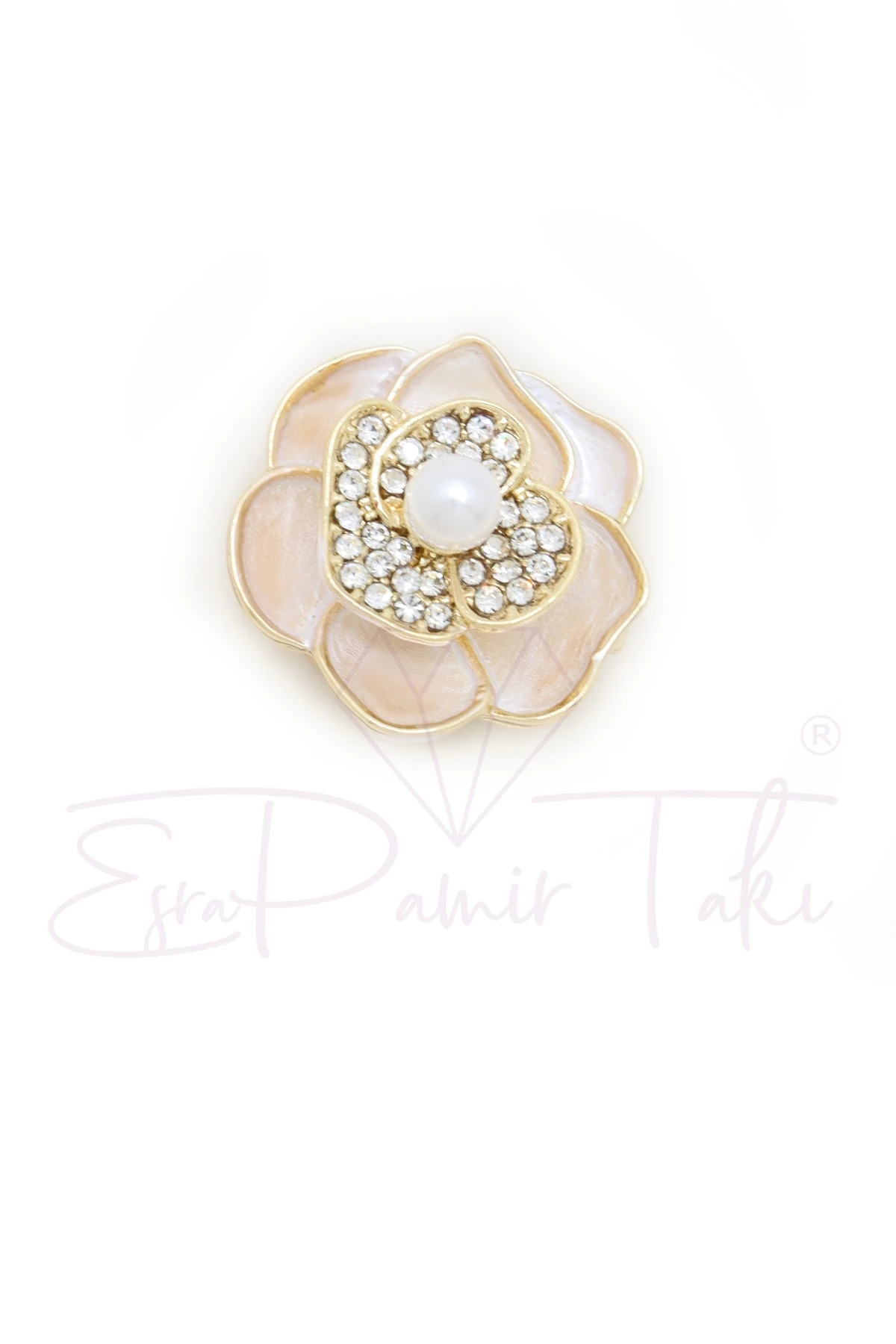 İncili Taşlı Gül Düğme Süsü Broş