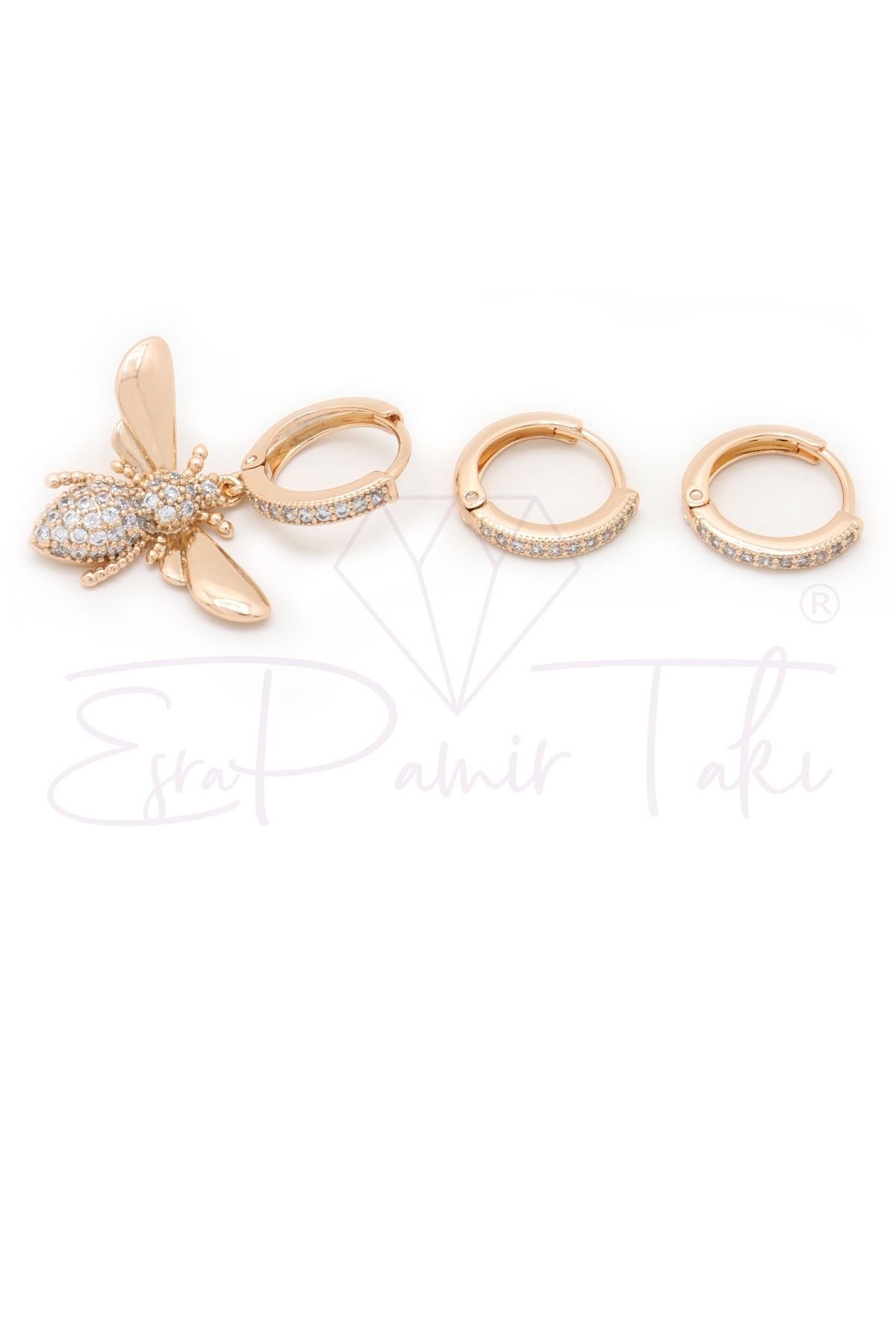 Kristal Taşlı Rose Gold Renk Arı Küpe Seti