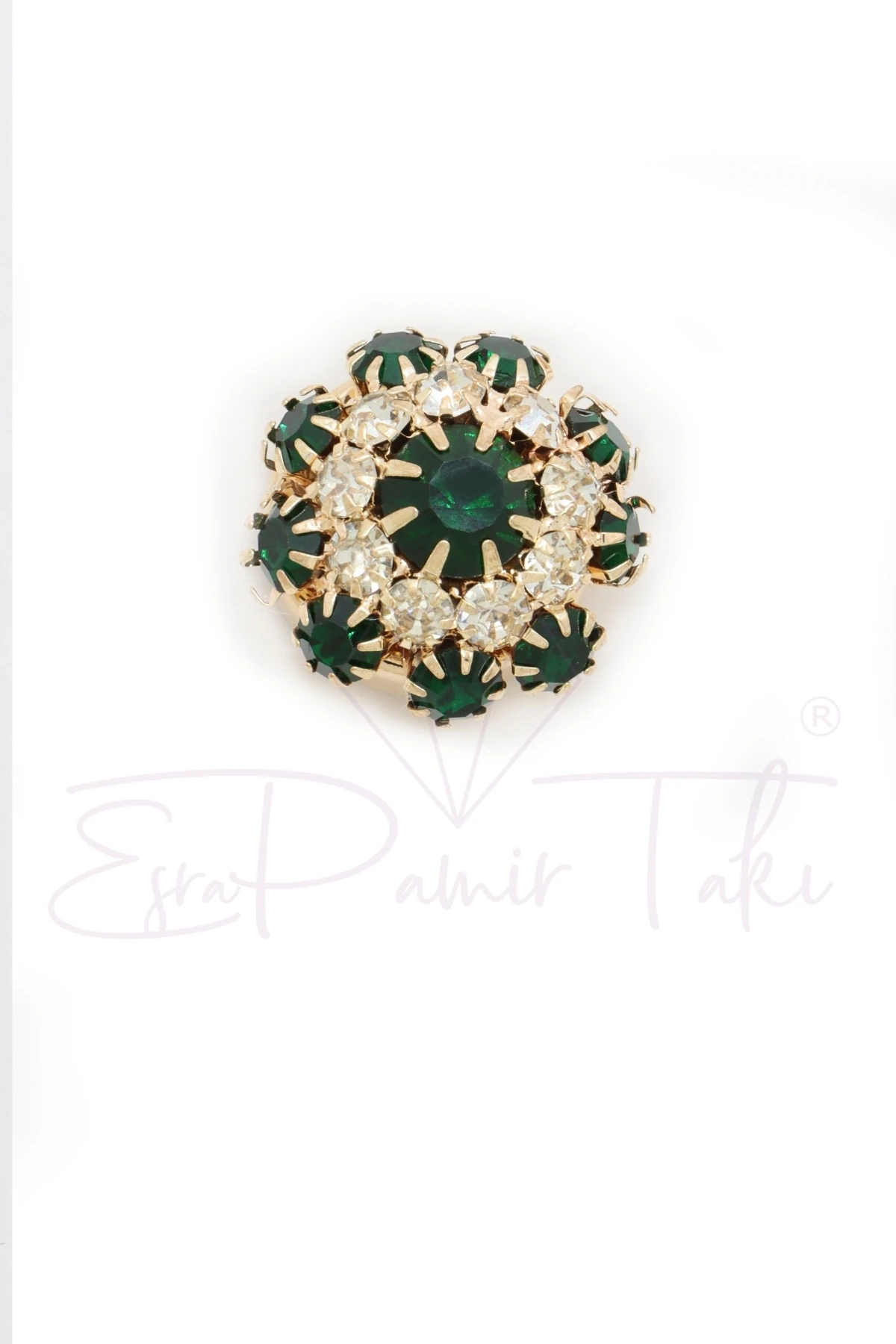Koyu Yeşil Taşlı Düğme Süsü Broş