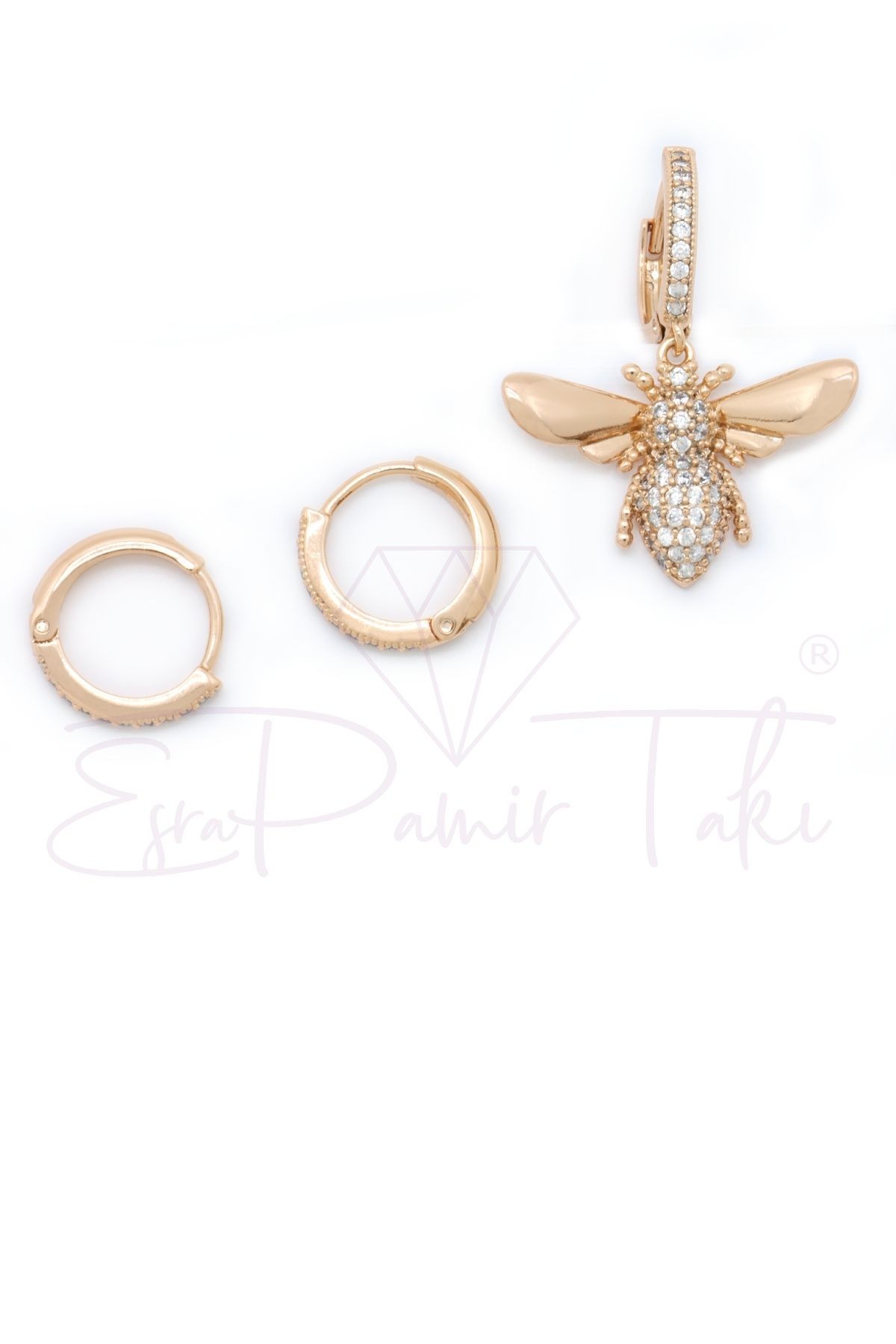 Kristal Taşlı Rose Gold Renk Arı Küpe Seti